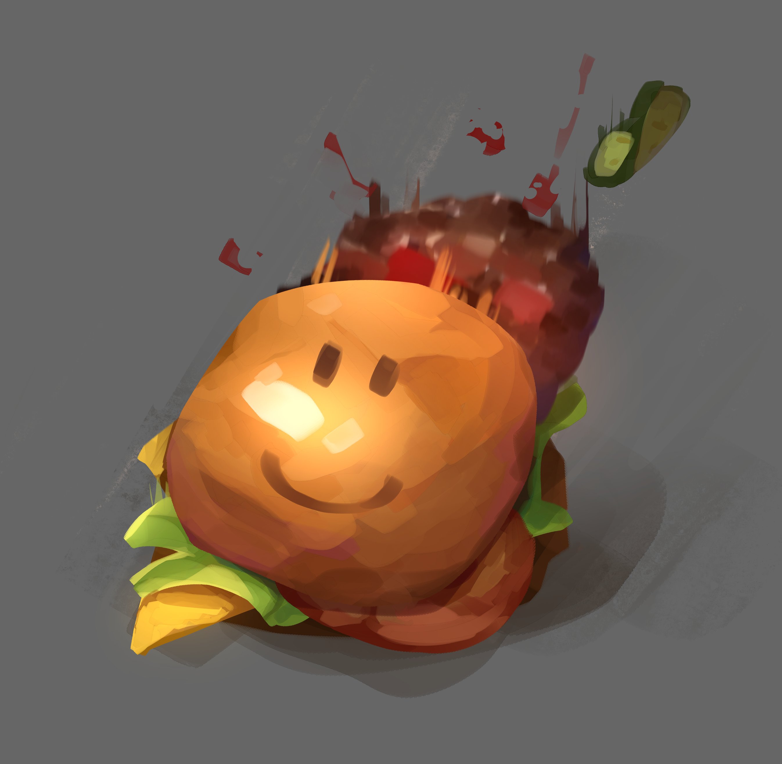 himochuu, roblox, absurdres, commentary, english commentary, highres, bread bun, burger, character-themed food, cheese, falling, food, food focus, ketchup, lettuce, motion blur, no humans, painterly, pickle, sliced cheese