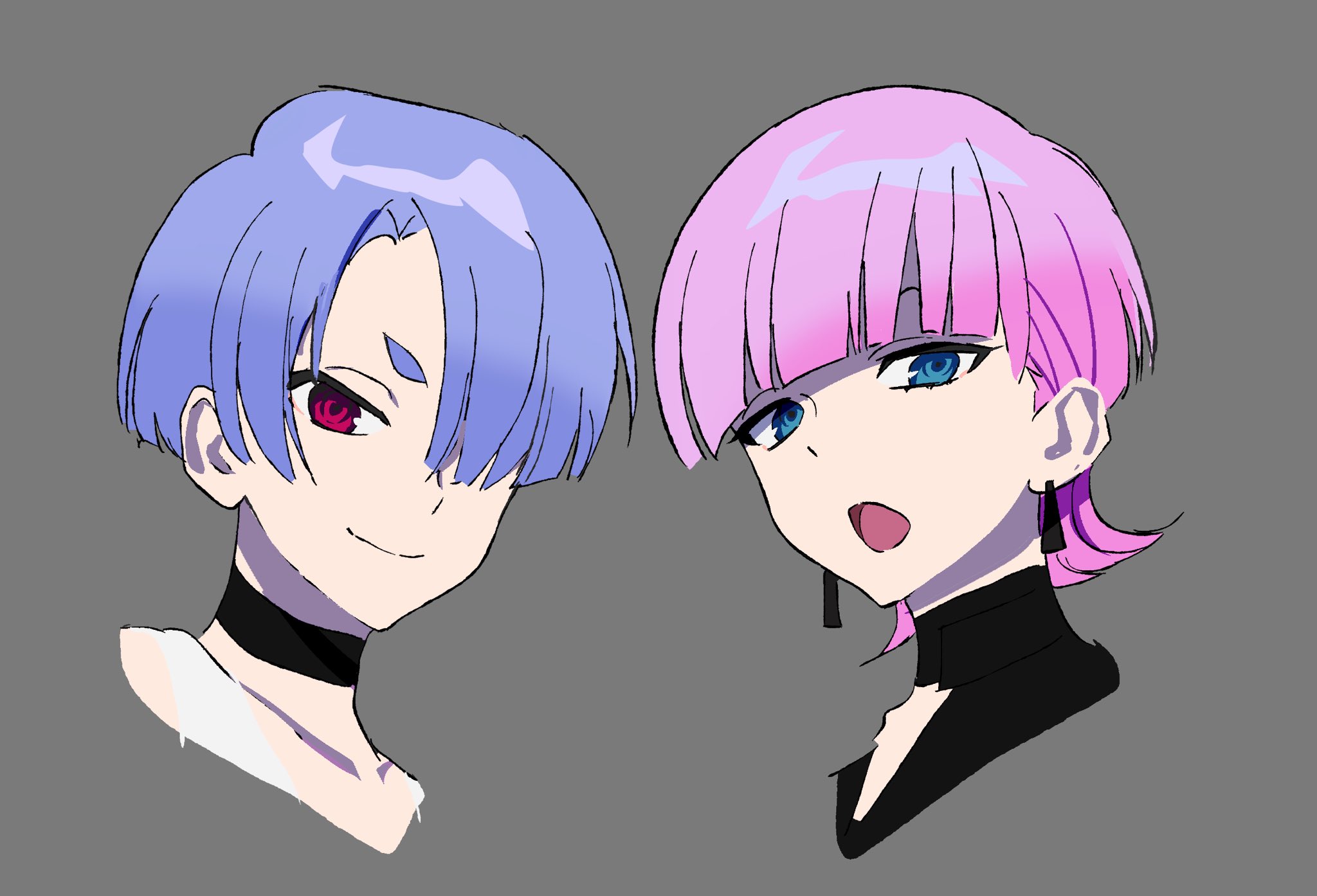 betti (xx betti), polyester (psg), polyurethane (psg), panty & stocking with garterbelt, highres, 2boys, blue eyes, blunt bangs, brothers, choker, earrings, girly boy, hair over one eye, jewelry, male focus, multiple boys, pink hair, red eyes, siblings, smile, triangle earrings
