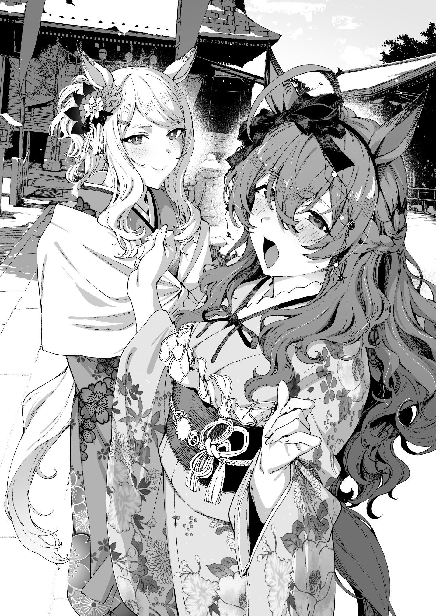 sugarbeat, mejiro bright (umamusume), mejiro mcqueen (umamusume), umamusume, highres, 2girls, alternate costume, alternate hairstyle, animal ears, blush, bow, braid, ear bow, ear ribbon, floral print, floral print kimono, flower, greyscale, hair flower, hair ornament, hair up, hairclip, half up braid, horse ears, horse girl, horse tail, japanese clothes, kimono, monochrome, multiple girls, obi, open mouth, ponytail, print kimono, sash, shawl, shrine, smile, tail, tassel