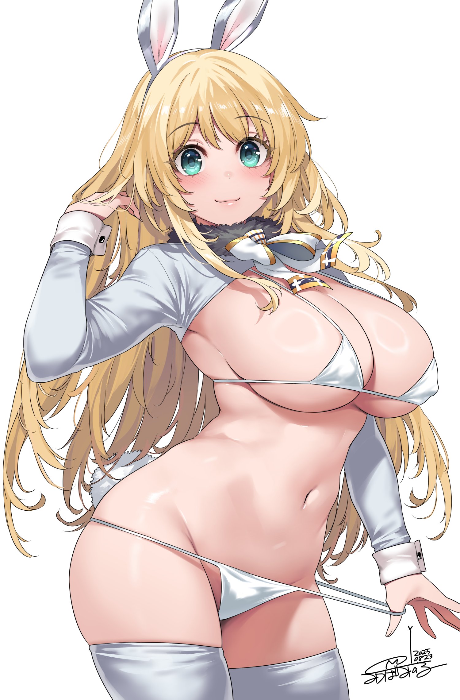 mitsuba minoru, atago (kancolle), kantai collection, commentary request, highres, 1girl, alternate costume, animal ear hairband, animal ears, bikini, bikini bottom pull, blonde hair, blush, breasts, closed mouth, cowboy shot, fake animal ears, green eyes, hairband, long hair, long sleeves, looking at viewer, micro bikini, navel, nontraditional playboy bunny, pulling own clothes, rabbit ear hairband, rabbit ears, shiny skin, shrug (clothing), sideboob, signature, simple background, skindentation, smile, solo, stomach, swimsuit, thighhighs, thighs, white background, white bikini, white shrug, white thighhighs, white wrist cuffs, wrist cuffs