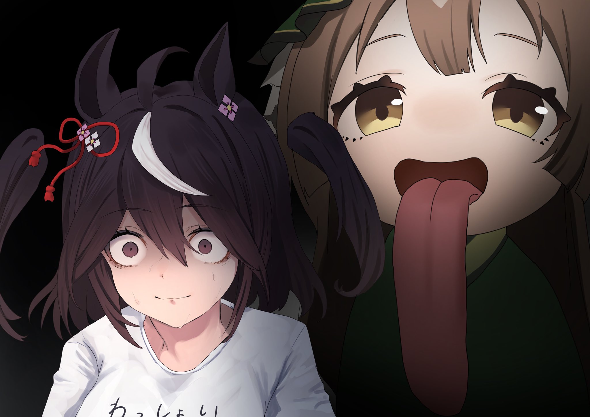 toa510, kitasan black (umamusume), satono diamond (umamusume), umamusume, highres, 2girls, animal ears, black background, brown eyes, dim lighting, dress, freaky satono diamond (meme), from behind, green dress, hair ornament, hair ribbon, horse ears, horse girl, meme, multiple girls, ribbon, shirt, surprised, tongue, tongue out, twintails, white shirt, yellow eyes