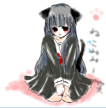 enma ai, jigoku shoujo, lowres, 00s, animal ears, black hair, cat ears, cat tail, red eyes, school uniform, serafuku, tail