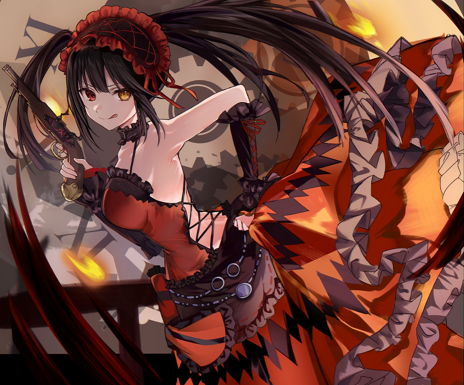saint laurent paris, tokisaki kurumi, date a live, highres, 1girl, :q, antique firearm, armpits, back, black choker, black hair, black sleeves, choker, clock eyes, clockwork, detached sleeves, dress, firearm, firelock, flintlock, frilled choker, frilled dress, frilled hairband, frills, gothic lolita, gun, hairband, heterochromia, holding, holding gun, holding weapon, lolita fashion, lolita hairband, looking at viewer, orange dress, red eyes, roman numeral, symbol-shaped pupils, tokisaki kurumi (spirit), tongue, tongue out, twintails, uneven twintails, weapon, yellow eyes