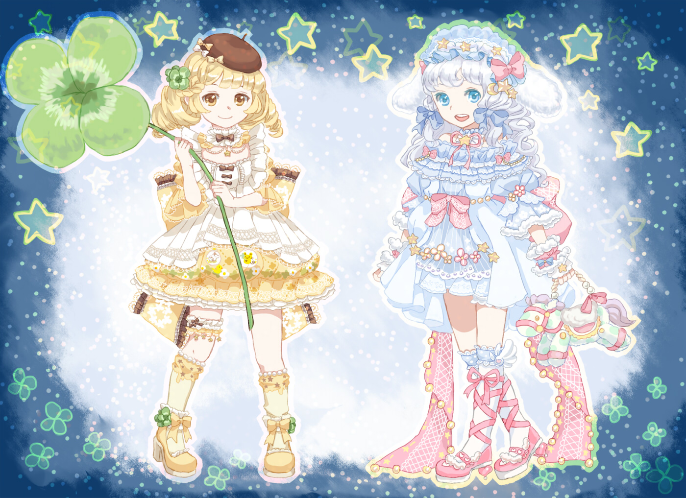hino (8), cinnamoroll, pompompurin, fuwa fuwa cinnamoroll, miracle nikki, nikki (series), sanrio, 2girls, animal bag, animal ears, ankle bow, ankle ribbon, back bow, bag, bare shoulders, beret, blonde hair, blue background, blue bow, blue choker, blue dress, blue eyes, blue hairband, blue socks, blunt bangs, bow, bow button, bow hairband, bowtie, brooch, brown bow, brown bowtie, brown eyes, brown hat, choker, cinnamoroll (cosplay), cinnamoroll (miracle nikki), closed mouth, clover, clover hair ornament, collar, colored eyelashes, cosplay, crescent, crescent hair ornament, detached collar, dress, dress bow, drill hair, fake animal ears, fingerless gloves, floral print, four-leaf clover, four-leaf clover hair ornament, frilled anklet, frilled choker, frilled collar, frilled dress, frilled hairband, frilled sleeves, frilled socks, frilled thigh strap, frills, full body, fur-trimmed sleeves, fur-trimmed wrist cuffs, fur gloves, fur trim, gloves, grey hair, hair bow, hair ornament, hairband, hat, high collar, high heels, holding, holding bag, holding plant, horse, jewelry, kneehighs, lace-trimmed bow, lace trim, large bow, leg ribbon, lolita fashion, lolita hairband, long hair, long sleeves, medium dress, miniskirt, multiple girls, multiple hat bows, neck ribbon, off-shoulder dress, off shoulder, open mouth, outline, oversized plant, pink bow, pink ribbon, pink shoes, pink wrist cuffs, plant, pompompurin (cosplay), pompompurin (miracle nikki), puffy long sleeves, puffy short sleeves, puffy sleeves, pumps, rabbit ears, ribbon, shoes, short sleeves, skirt, skirt under dress, sky, smile, socks, standing, star (sky), star (symbol), star brooch, star hair ornament, star print, starry sky, striped clothes, striped dress, tareme, teeth, thigh strap, twin drills, two-tone background, upper teeth only, vertical-striped clothes, vertical-striped dress, waist bow, wavy hair, white background, white bag, white bow, white collar, white dress, white gloves, white outline, winged legs, wrist cuffs, yellow bow, yellow shoes, yellow skirt, yellow sleeves, yellow socks