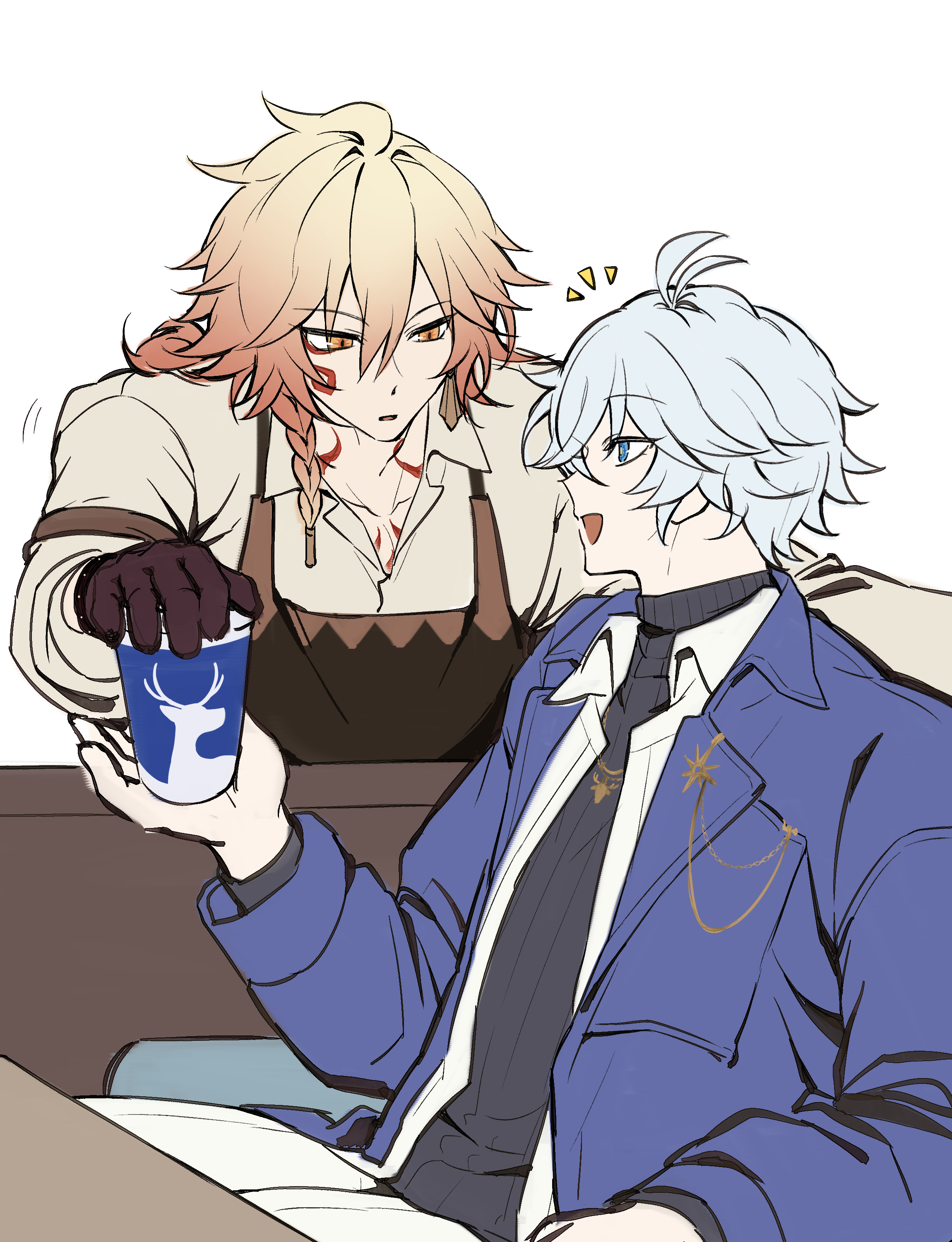 mydei (delicacies) (honkai: star rail), mydei (honkai: star rail), phainon (honkai: star rail), honkai: star rail, honkai (series), absurdres, highres, 2boys, antenna hair, black sweater, blue eyes, braid, brown gloves, coat, cup, flat color, gloves, grey hair, hair between eyes, half-closed eyes, holding, holding cup, jewelry, lvo0 0, male focus, medium hair, multiple boys, necklace, official alternate costume, open clothes, open coat, open shirt, orange hair, pants, parted bangs, phainon (luckin coffee) (honkai: star rail), purple coat, red tattoo, shirt, short hair, simple background, single braid, sitting, sweater, turtleneck, turtleneck sweater, white background, white pants, white shirt, yellow pupils