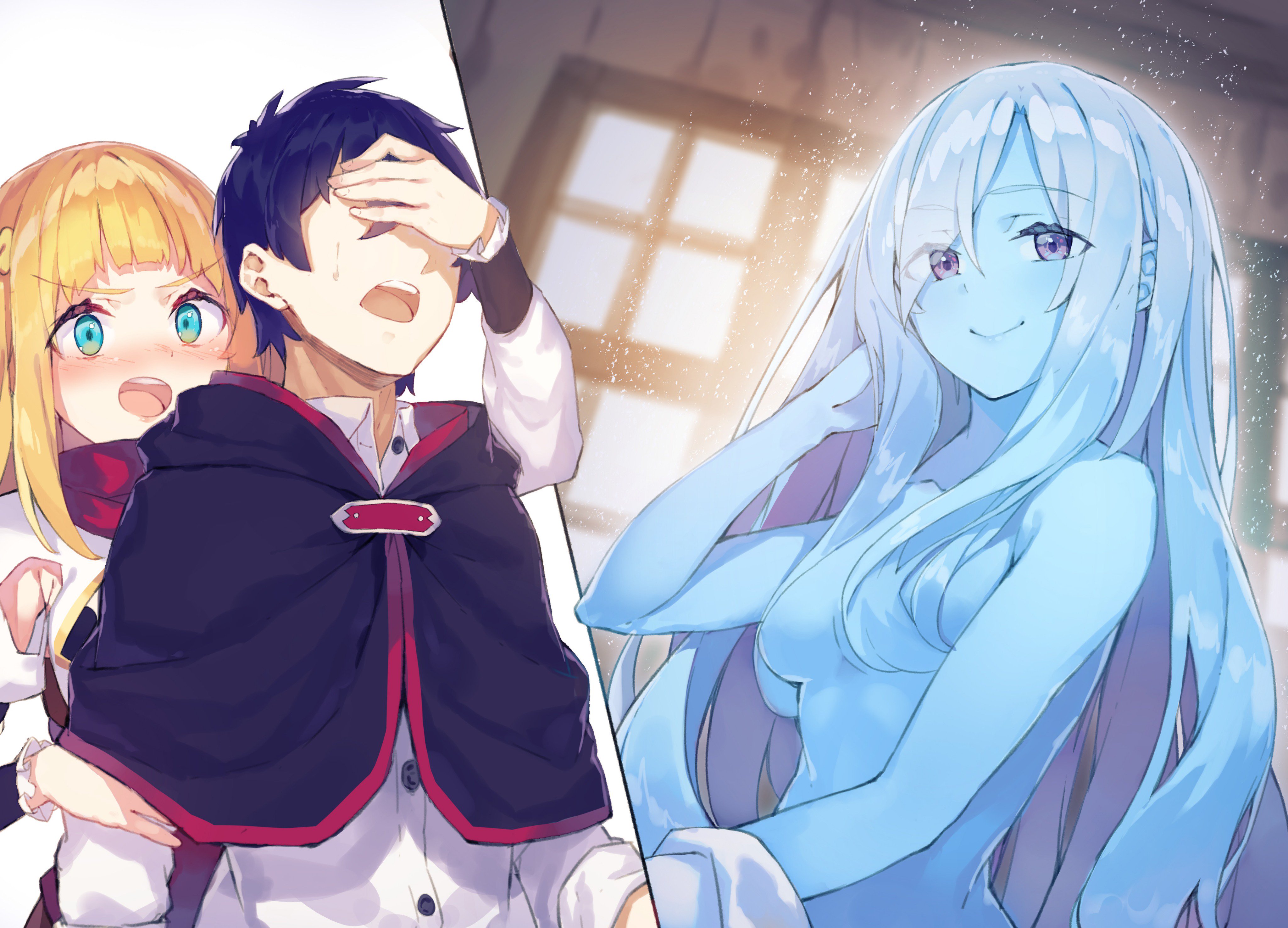 yasumo (kuusouorbital), red (shin no nakama), rit (shin no nakama), undine, shin no nakama janai to yuusha no party wo oidasareta no de henkyou de slow life suru koto ni shimashita, absurdres, commentary request, highres, official art, second-party source, 1boy, 2girls, aqua eyes, armpit cutout, black capelet, black hair, blonde hair, blue hair, blue skin, blush, breasts, capelet, closed mouth, clothing cutout, collared shirt, colored skin, covering another's eyes, hair censor, hand in own hair, holding another's arm, long hair, medium breasts, multiple girls, nude, open mouth, red scarf, red trim, scarf, shirt, short hair, smile, teeth, upper teeth only, white shirt