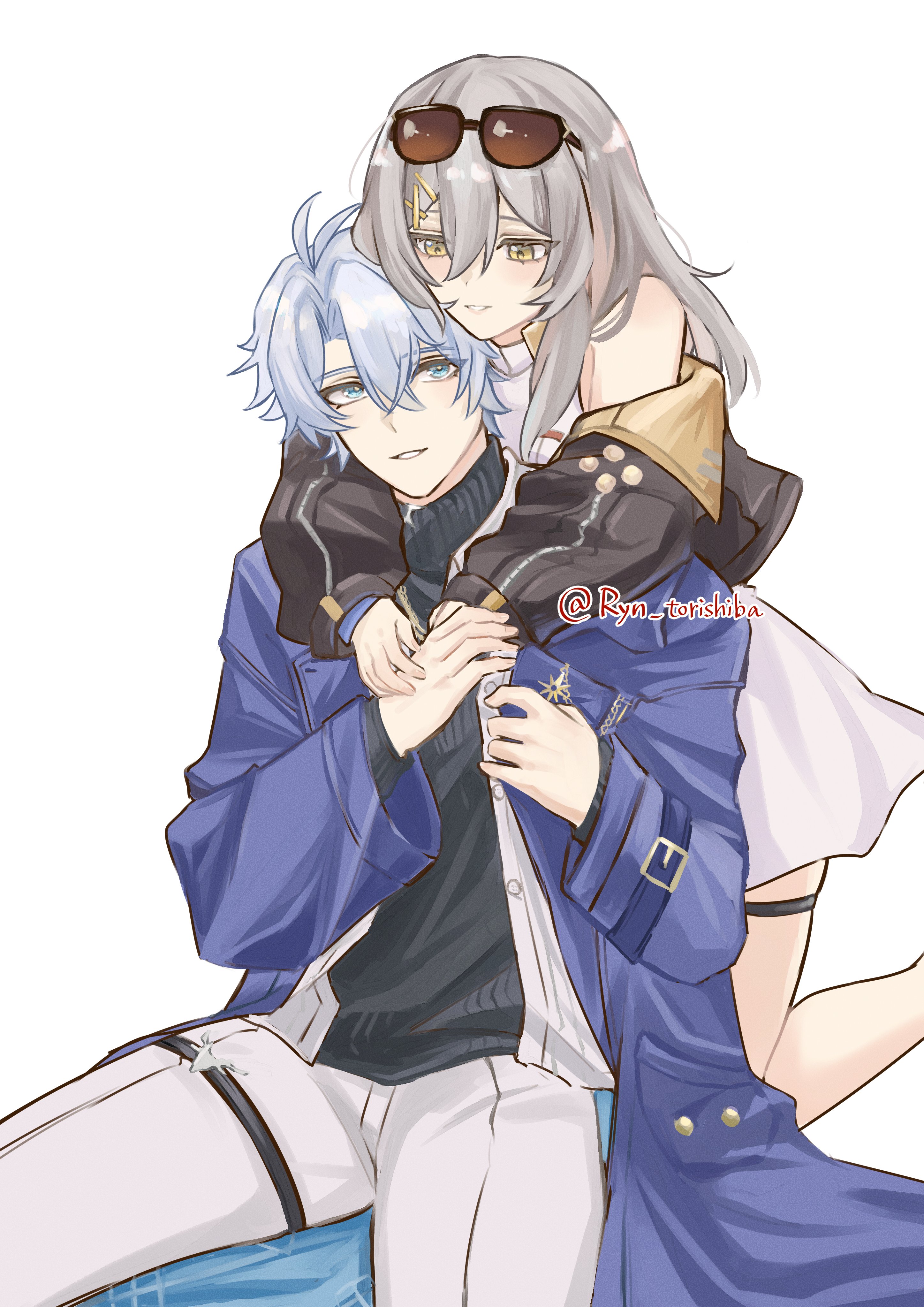 phainon (honkai: star rail), stelle (honkai: star rail), trailblazer (honkai: star rail), honkai: star rail, honkai (series), absurdres, highres, 1boy, 1girl, antenna hair, black jacket, black sweater, blue eyes, coat, eyewear on head, grey hair, grin, hair between eyes, hug, jacket, jewelry, necklace, official alternate costume, open clothes, open coat, open shirt, pants, parted bangs, phainon (luckin coffee) (honkai: star rail), purple coat, ryn torishiba, shirt, short hair, simple background, sitting, smile, sweater, teeth, turtleneck, turtleneck sweater, twitter username, white background, white pants, white shirt, yellow eyes, yellow pupils