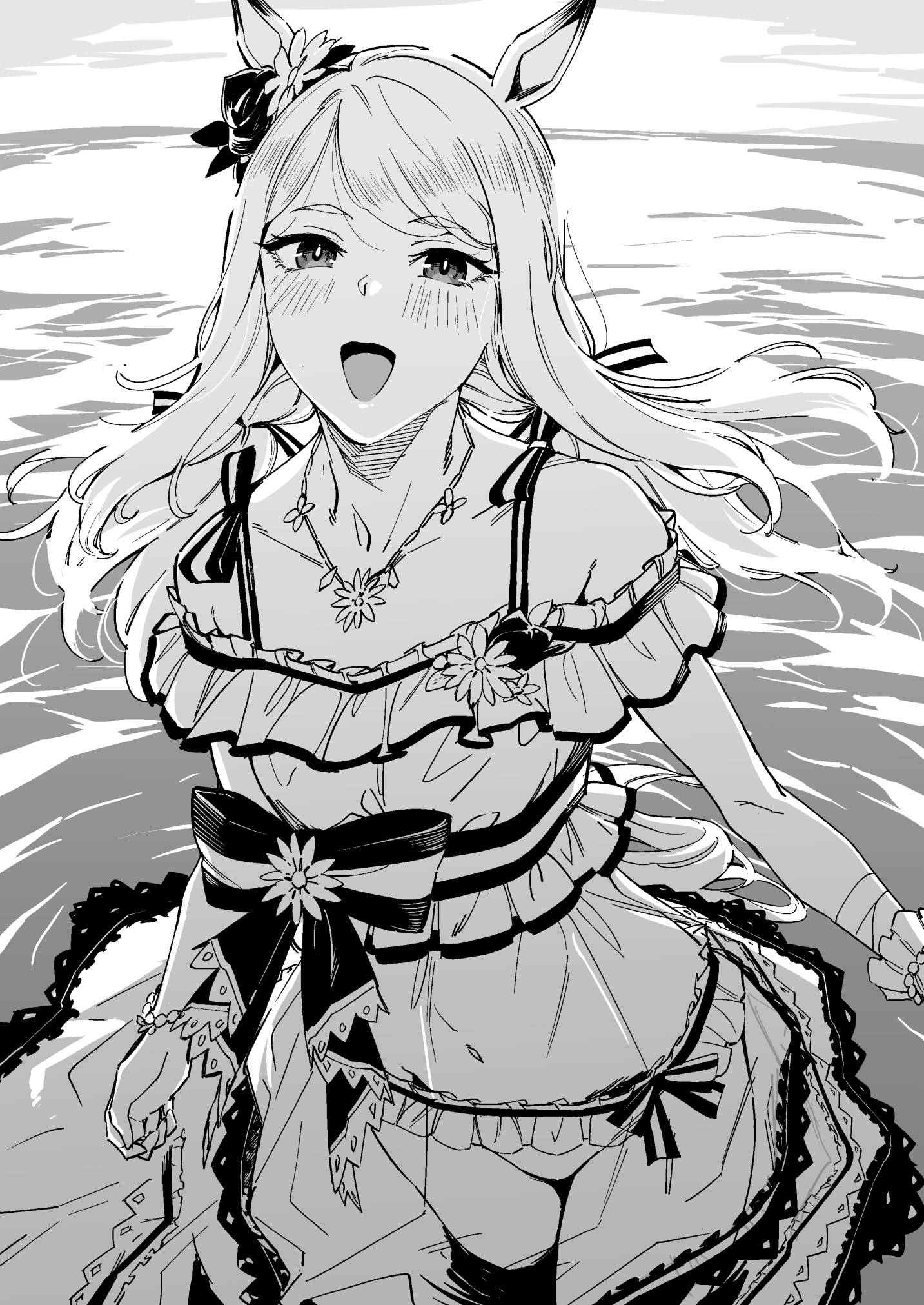 sugarbeat, mejiro mcqueen (ripple fairlady) (umamusume), mejiro mcqueen (umamusume), umamusume, commentary, highres, symbol-only commentary, 1girl, :d, animal ears, bikini, blush, bow, collarbone, cowboy shot, dress, ear flower, floating hair, flower, flower necklace, frilled bikini, frilled dress, frills, greyscale, horse ears, horse girl, horse tail, jewelry, looking at viewer, low twintails, monochrome, navel, necklace, open mouth, see-through clothes, see-through dress, smile, solo, striped bow, swimsuit, tail, twintails, wading, water