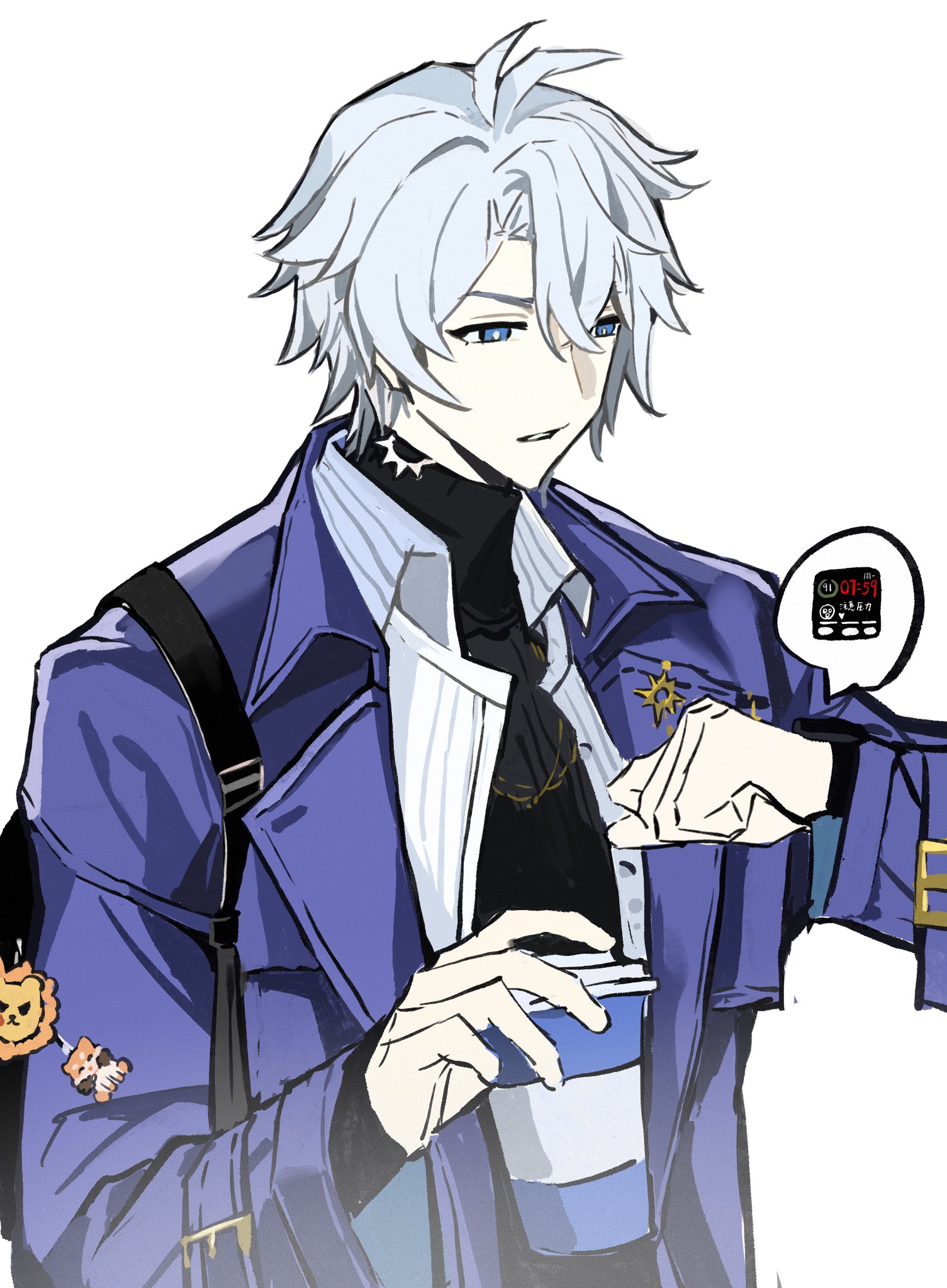 phainon (honkai: star rail), honkai: star rail, honkai (series), highres, antenna hair, bag, black sweater, blue eyes, coat, cup, grey hair, hair between eyes, holding, holding cup, jewelry, looking at watch, male focus, miwake, necklace, official alternate costume, open clothes, open coat, open shirt, parted bangs, phainon (luckin coffee) (honkai: star rail), purple coat, shirt, short hair, simple background, sweater, turtleneck, turtleneck sweater, upper body, white background, white shirt, yellow pupils