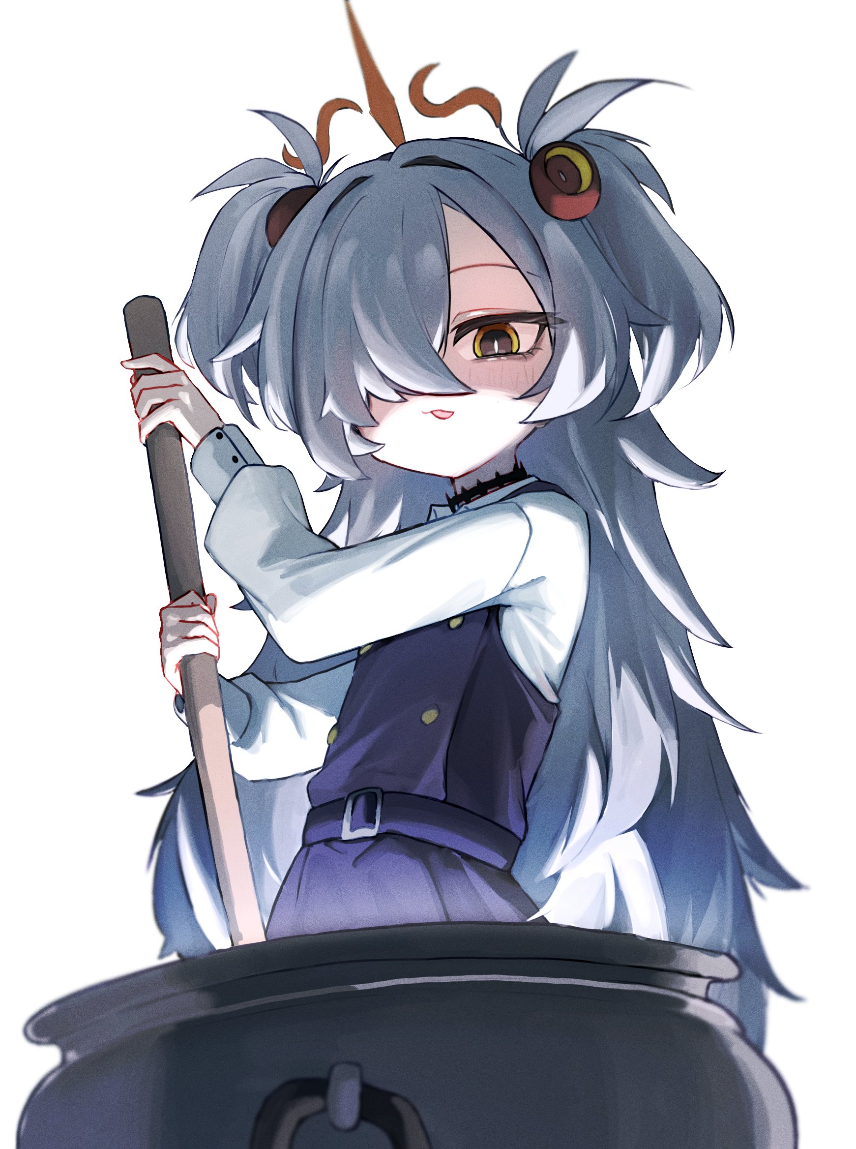 seulraimbbang, kanoe (blue archive), blue archive, highres, 1girl, :p, bags under eyes, brown halo, brown ribbon, cauldron, dress, hair over one eye, halo, holding, holding stick, messy hair, pinafore dress, ribbon, scar, scar on neck, shaded face, simple background, sleeveless, sleeveless dress, solo, stick, tilted halo, tongue, tongue out, white background