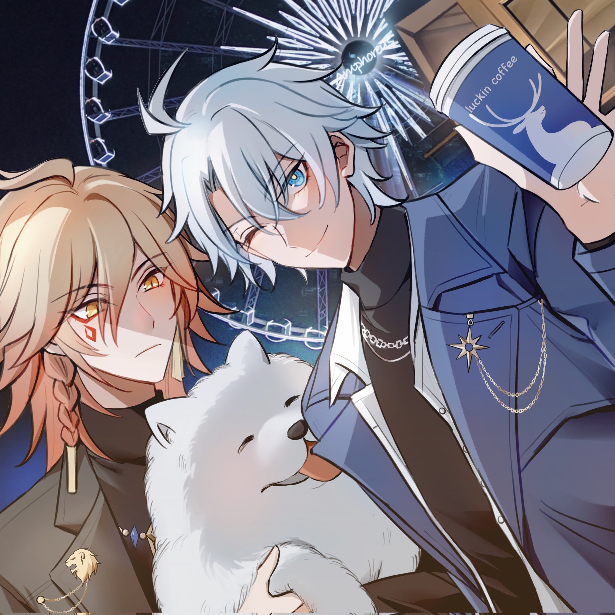 piongpiongbiu, mydei (honkai: star rail), phainon (honkai: star rail), honkai: star rail, honkai (series), highres, 2boys, alternate costume, antenna hair, black sweater, blue eyes, braid, brown jacket, closed mouth, coat, cup, grey hair, hair between eyes, holding, holding cup, jacket, jewelry, male focus, medium hair, multiple boys, necklace, official alternate costume, one eye closed, open clothes, open coat, open shirt, orange hair, parted bangs, phainon (luckin coffee) (honkai: star rail), purple coat, shirt, short hair, single braid, sweater, turtleneck, turtleneck sweater, upper body, white dog, white shirt, yellow pupils