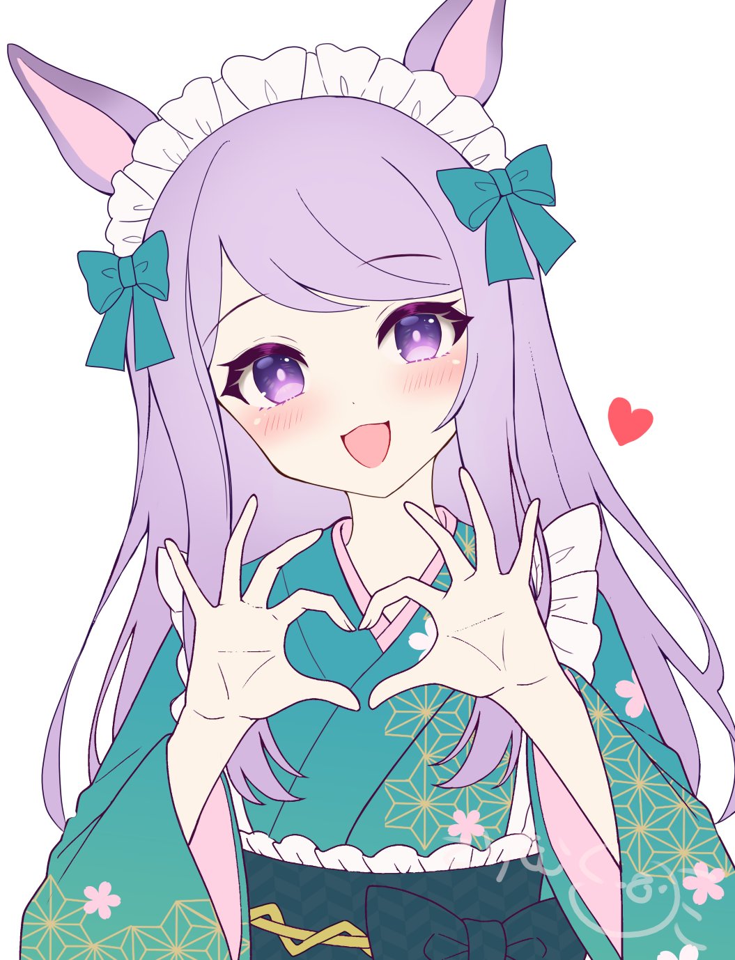 terimuku, mejiro mcqueen (umamusume), umamusume, commentary request, highres, 1girl, :d, animal ears, blue bow, blush, bow, four-finger heart hands, hair bow, hands up, head tilt, heart, heart hands, horse ears, long hair, long sleeves, looking at viewer, maid, maid headdress, obi, open mouth, purple eyes, purple hair, sash, simple background, smile, solo, swept bangs, upper body, very long hair, wa maid, white background, wide sleeves
