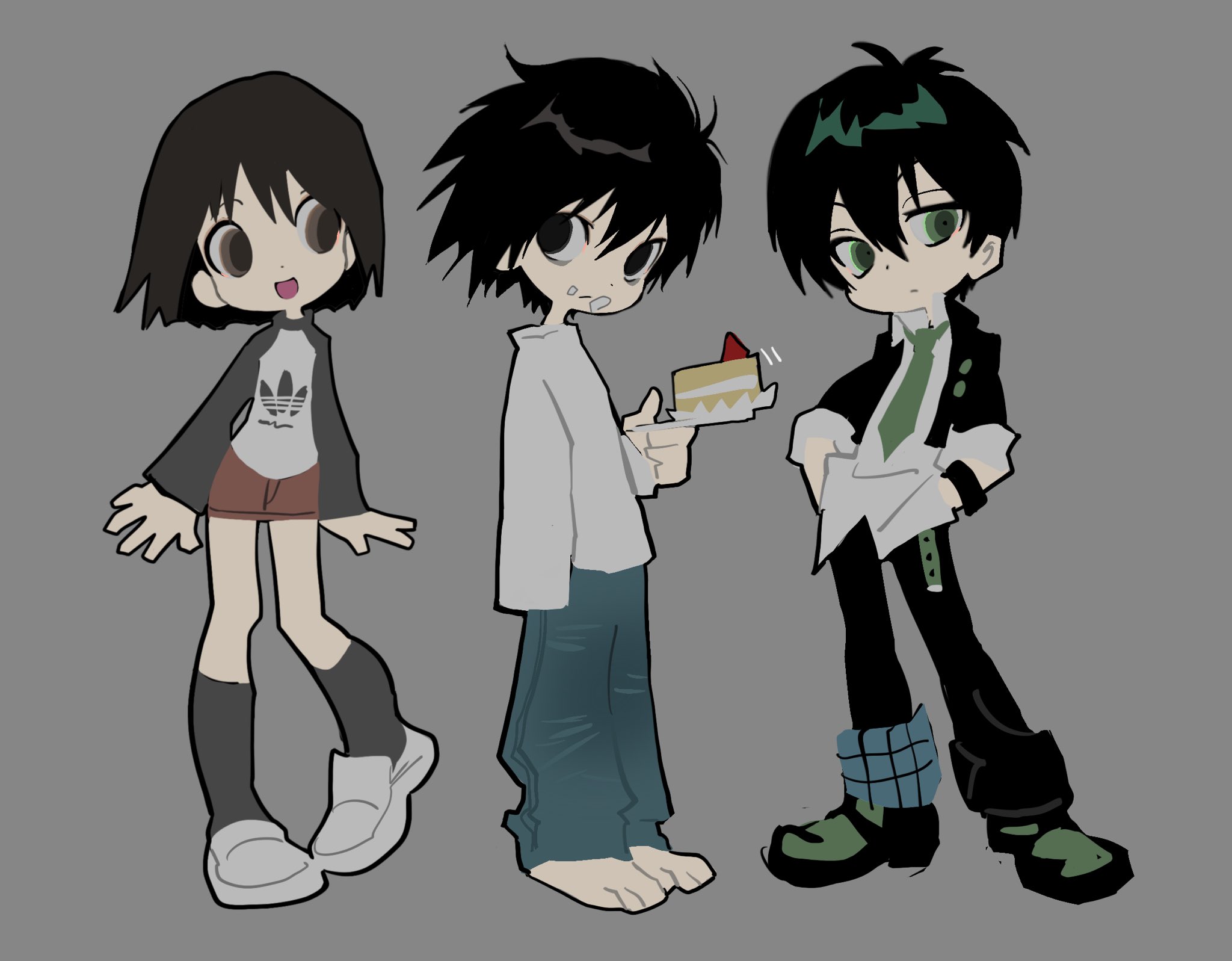 betti (xx betti), kougami taiga, l (death note), death note, pretty rhythm, pretty series, highres, baggy pants, bags under eyes, barefoot, black eyes, black hair, deformed, denim, food, food on face, green eyes, hair between eyes, jeans, king of prism, long sleeves, multiple boys, necktie, pants, shirt, short hair, simple background, skirt, smile, white shirt