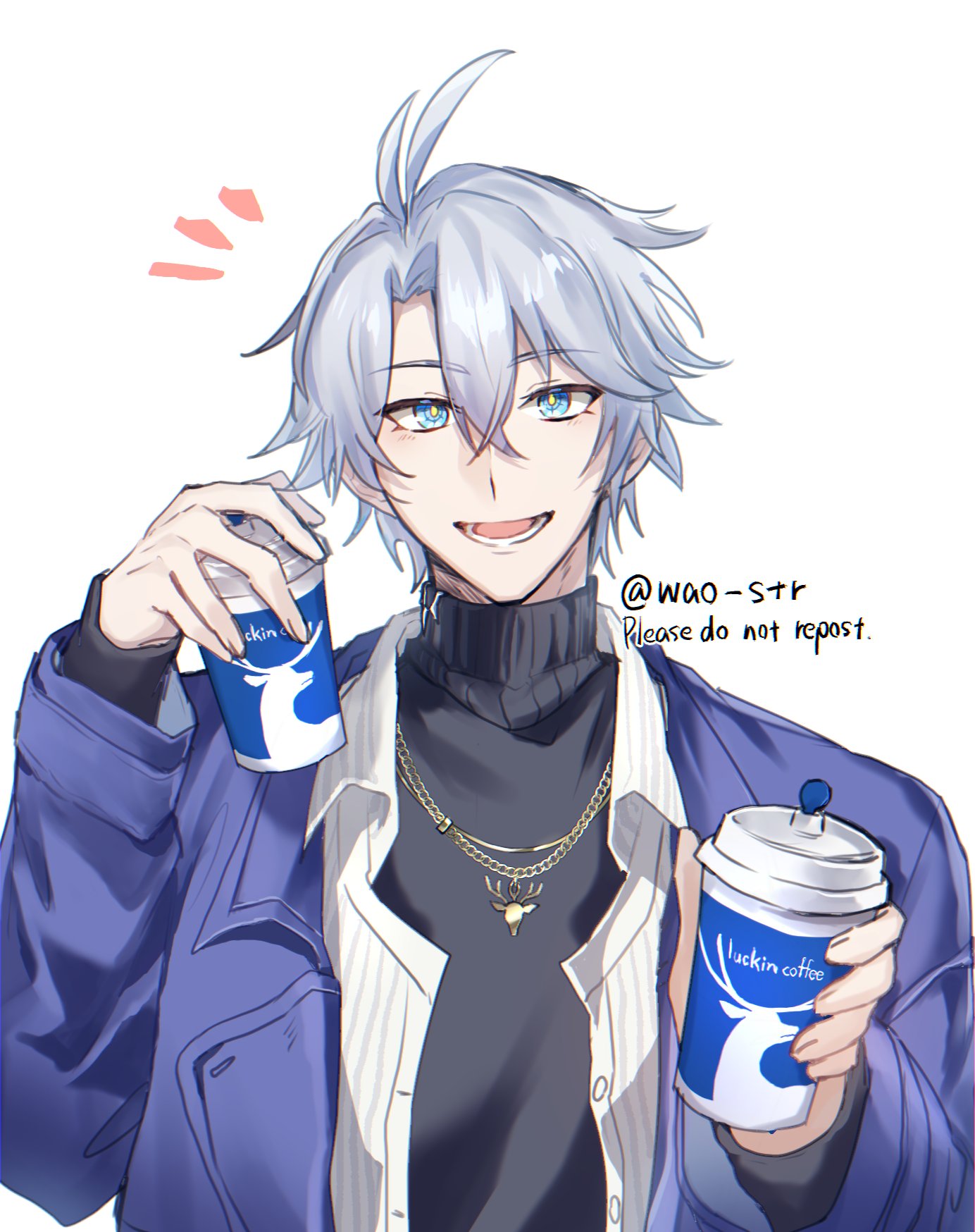 phainon (honkai: star rail), honkai: star rail, honkai (series), highres, 1boy, antenna hair, black sweater, blue eyes, coat, cup, english text, grey hair, hair between eyes, holding, holding cup, jewelry, looking at viewer, male focus, necklace, official alternate costume, open clothes, open coat, open shirt, parted bangs, phainon (luckin coffee) (honkai: star rail), purple coat, shirt, short hair, simple background, smile, solo, sweater, teeth, turtleneck, turtleneck sweater, twitter username, wao str, white background, white shirt, yellow pupils