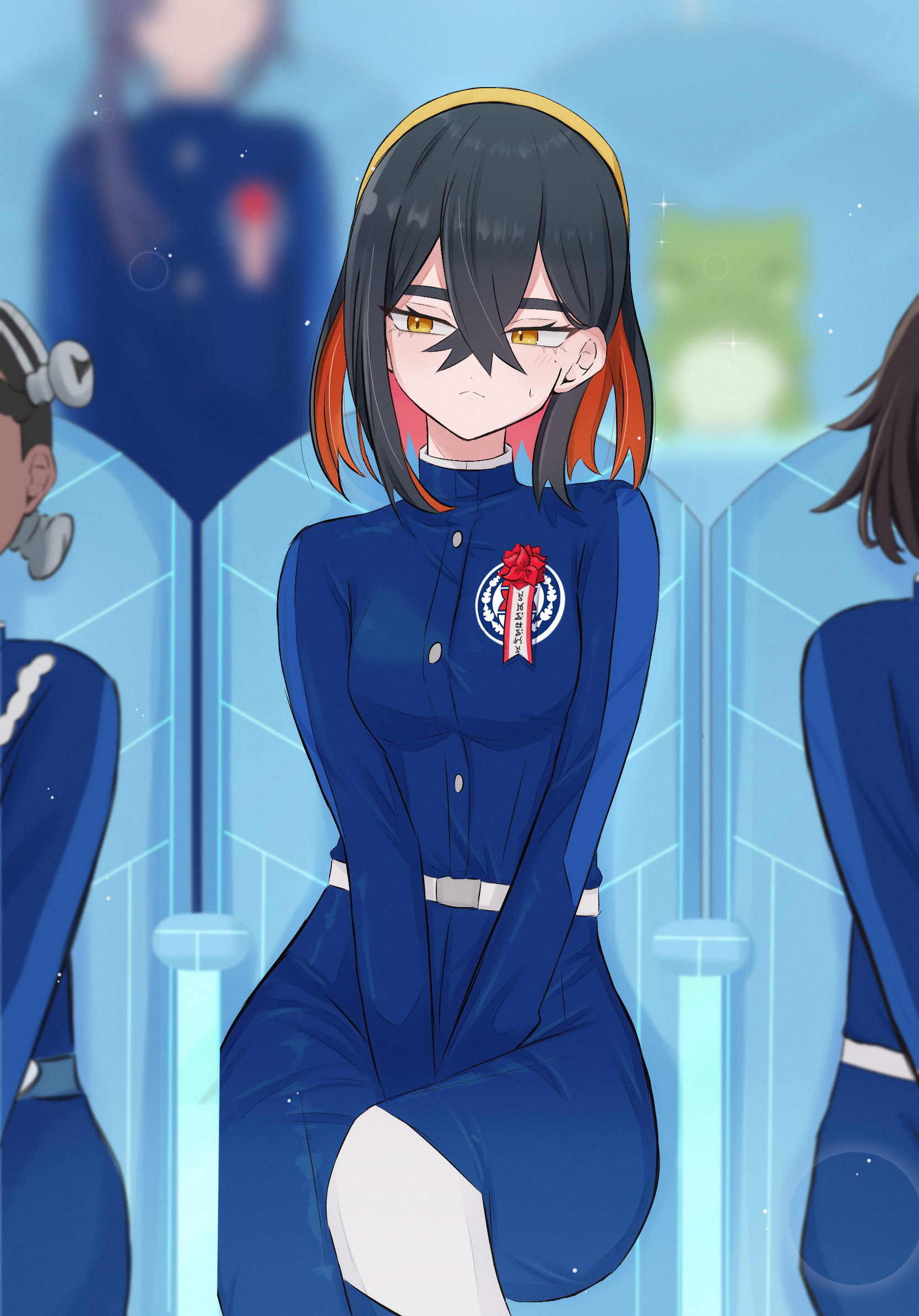 hasu 175, amarys (pokemon), carmine (pokemon), nintendo, pokemon, pokemon sv, commentary request, highres, 2girls, 2others, alternate hair length, alternate hairstyle, belt, between legs, black hair, blue pants, blue shirt, blueberry academy school uniform, blurry, blurry background, blush, buttons, closed mouth, colored inner hair, eyelashes, hair between eyes, hairband, hand between legs, long sleeves, multicolored hair, multiple girls, multiple others, pants, red hair, school uniform, shirt, short hair, sitting, solo focus, sparkle, substitute (pokemon), sweatdrop, two-tone hair, white belt, yellow eyes, yellow hairband