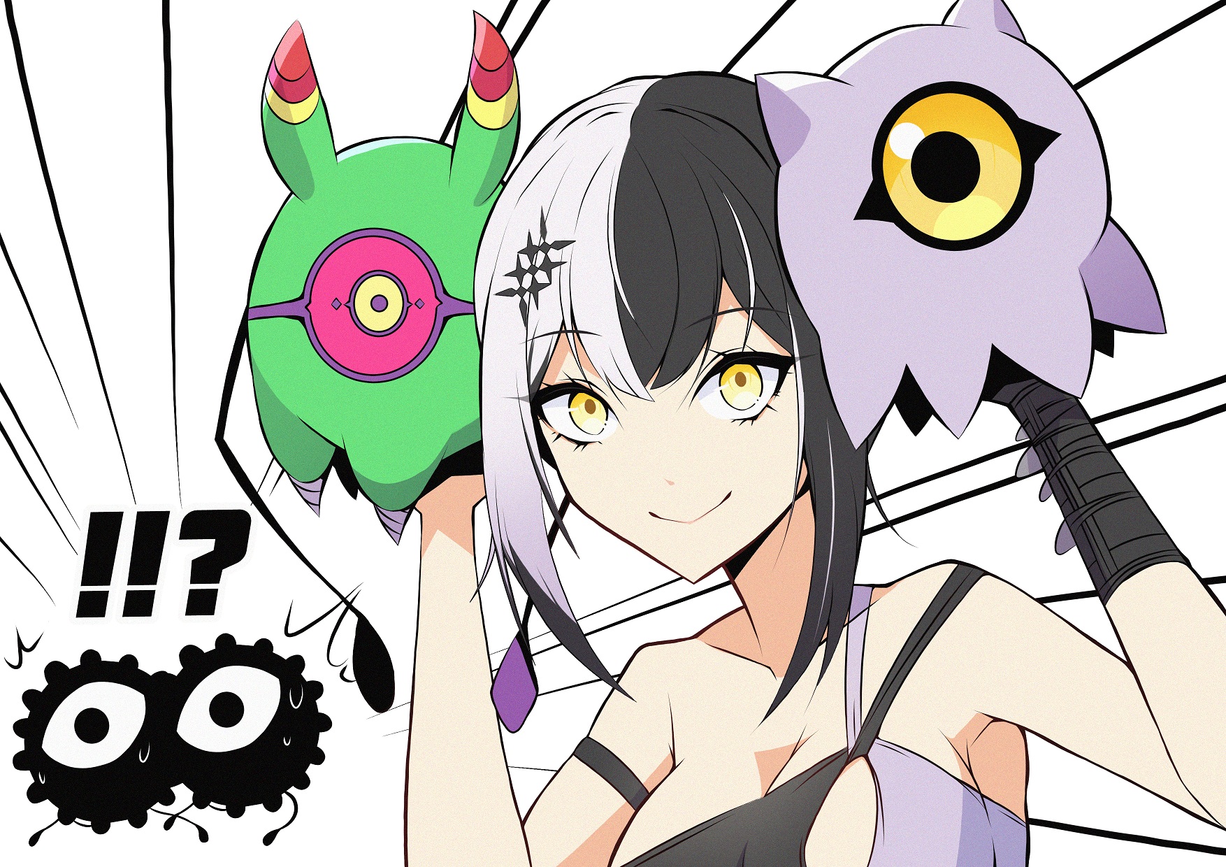 mitosupa (qsiqydfz7nesh9w), algomon, algomon baby ii, kuramon, shiori novella, shiori novella (holonatsu paradise), digimon, hololive, hololive english, highres, !?, 1girl, bikini, black bikini, black hair, breasts, cleavage, closed mouth, digimon (creature), grey hair, large breasts, looking at viewer, multicolored bikini, multicolored hair, official alternate costume, purple bikini, smile, split-color hair, swimsuit, two-tone bikini, two-tone hair, virtual youtuber, yellow eyes