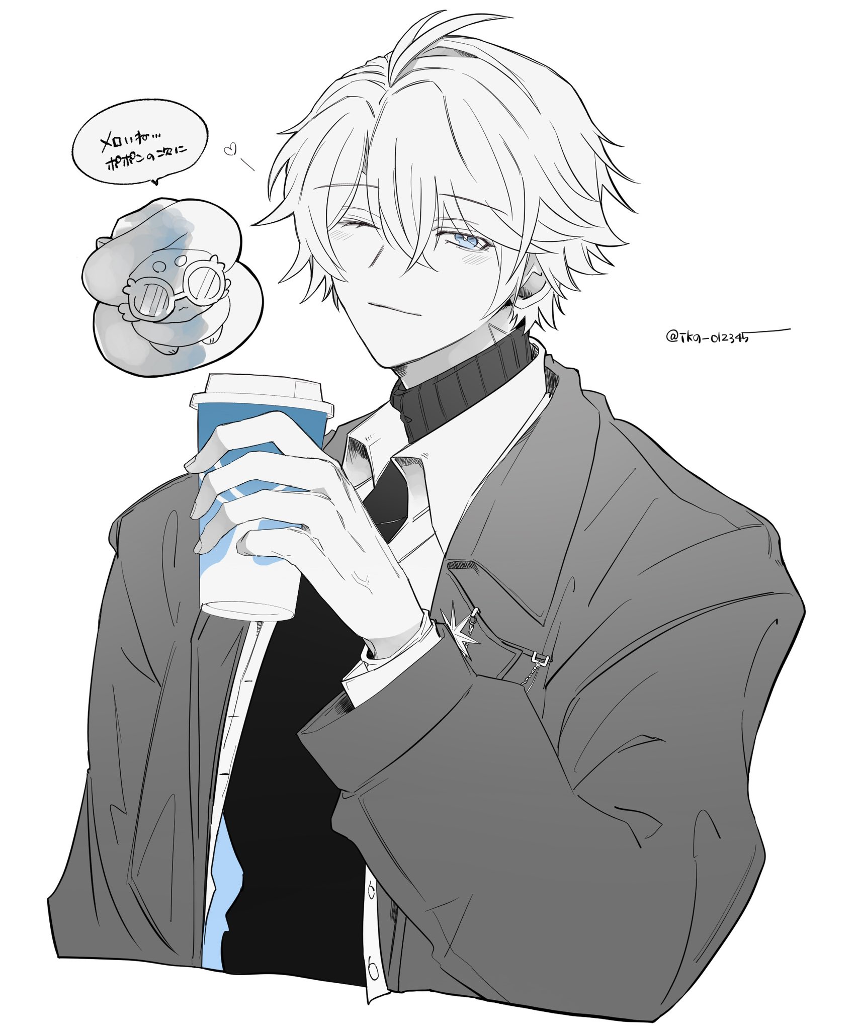 phainon (honkai: star rail), honkai: star rail, honkai (series), highres, translation request, 1boy, antenna hair, black sweater, blue eyes, coat, creature, cropped torso, cup, grey hair, hair between eyes, holding, holding cup, ika 012345, looking at viewer, male focus, official alternate costume, one eye closed, open clothes, open coat, open shirt, parted bangs, partially colored, phainon (luckin coffee) (honkai: star rail), shirt, short hair, simple background, smile, solo, speech bubble, sweater, turtleneck, turtleneck sweater, twitter username, upper body, white background, white shirt, yellow pupils