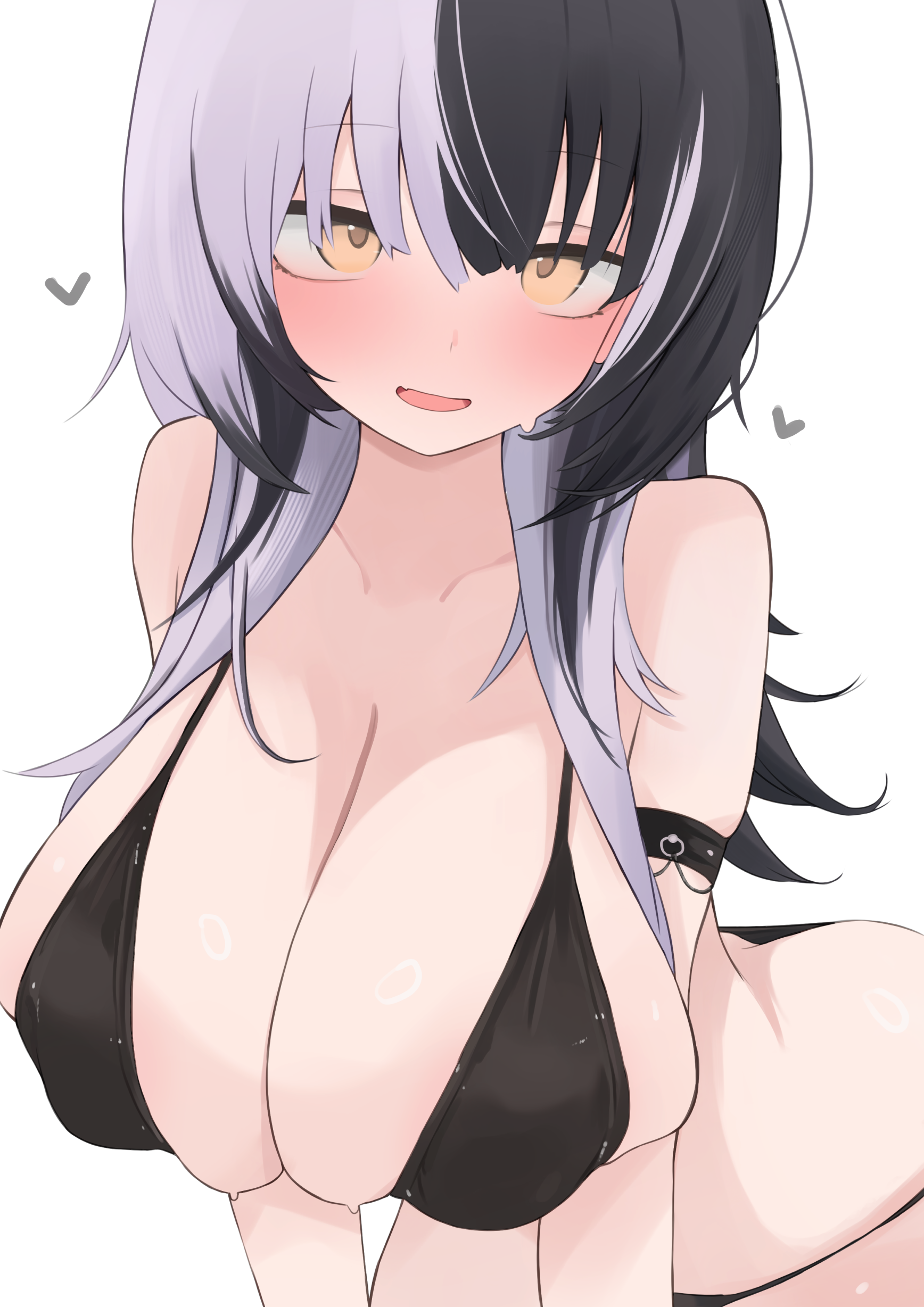 oyashiro ooo, shiori novella, hololive, hololive english, absurdres, highres, 1girl, arm strap, bikini, black bikini, black hair, blush, breasts, grey hair, heart, huge breasts, long hair, looking at viewer, multicolored hair, solo, split-color hair, swimsuit, two-tone hair, virtual youtuber, white background, yellow eyes