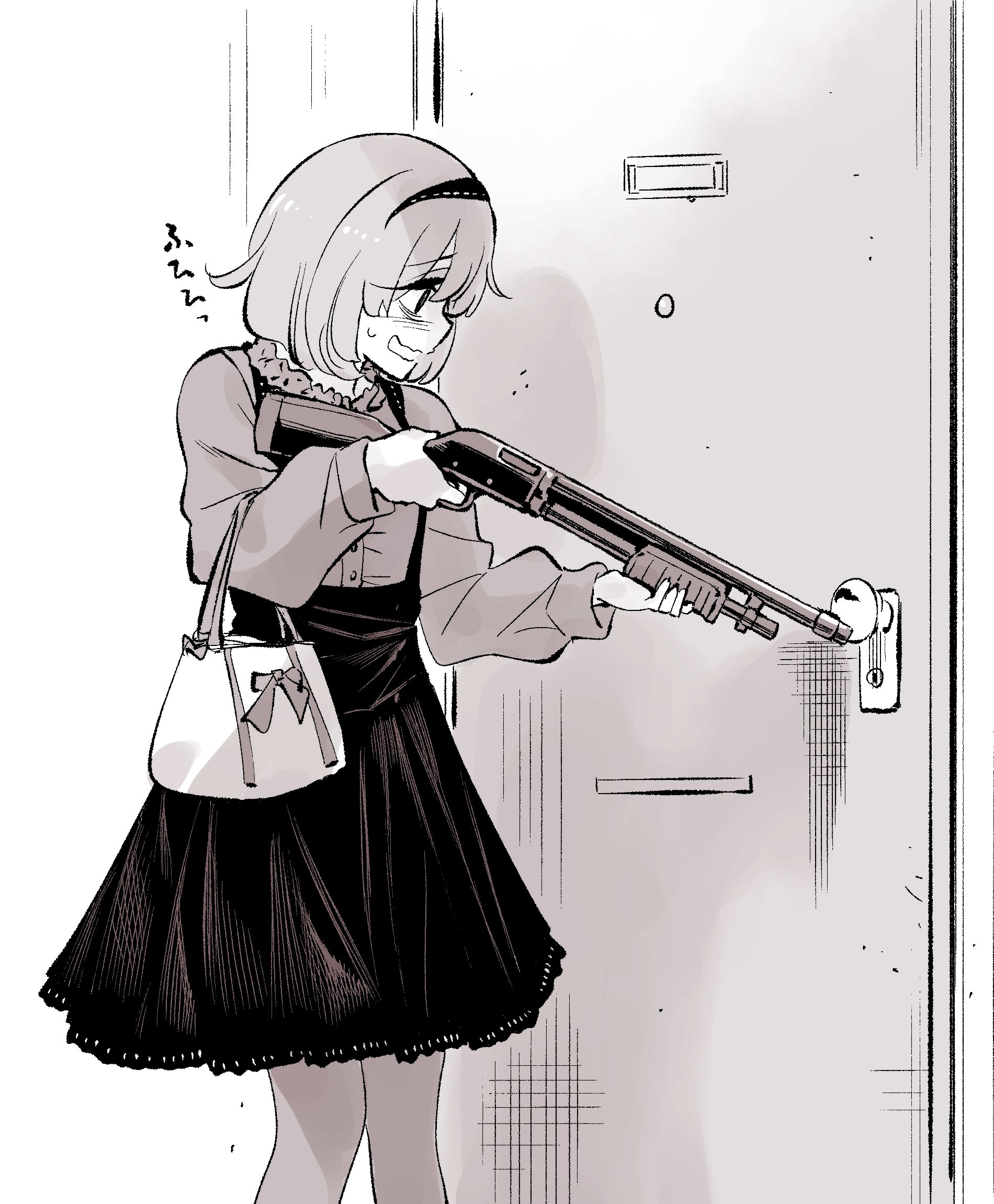 kato takuji, original, commentary request, highres, 1girl, aiming, bag, bags under eyes, blush, door, door breaching, feet out of frame, giggling, greyscale, gun, hairband, handbag, holding, holding gun, holding weapon, long sleeves, monochrome, pantyhose, profile, pump action, shirt, shirt tucked in, short hair, shotgun, skirt, smile, solo, standing, suspender skirt, suspenders, sweat, wavy mouth, weapon