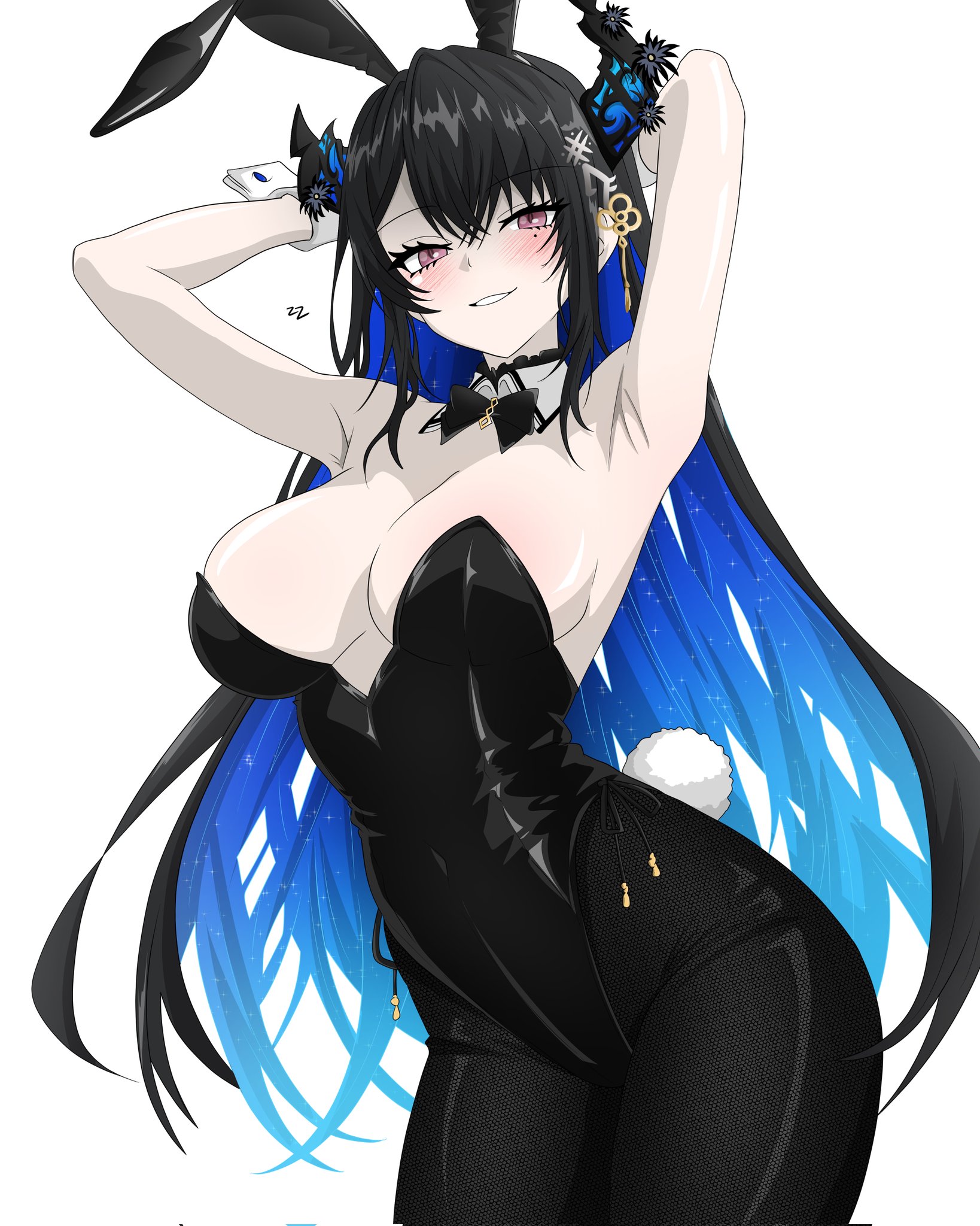 zenki zero, nerissa ravencroft, hololive, hololive english, commentary, corrupted twitter file, highres, 1girl, alternate costume, animal ear hairband, animal ears, armpits, arms behind head, asymmetrical horns, bare shoulders, black bow, black bowtie, black hair, black leotard, black pantyhose, blue hair, blush, bow, bowtie, breasts, cleavage, colored inner hair, demon horns, detached collar, fake animal ears, flower, hair between eyes, hair ornament, hairband, horn flower, horns, large breasts, leotard, long hair, looking at viewer, mole, mole under eye, multicolored hair, pantyhose, playboy bunny, rabbit ear hairband, rabbit ears, rabbit tail, red eyes, side-tie leotard, simple background, smile, solo, strapless, strapless leotard, tail, tassel, tassel hair ornament, teeth, uneven horns, virtual youtuber, white background, wrist cuffs