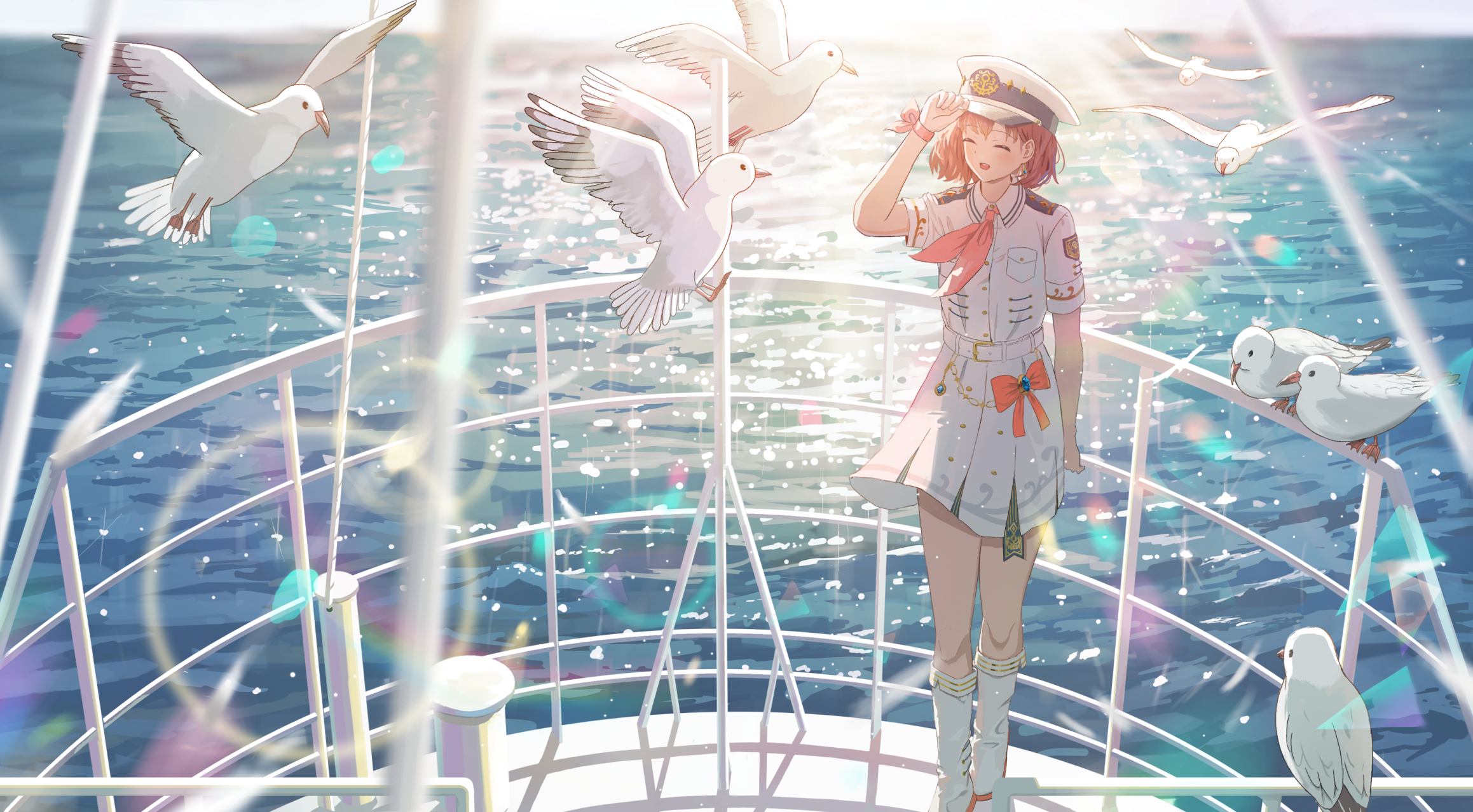 shurock, original, commentary, english commentary, highres, 1girl, bird, boat, brown hair, closed eyes, day, hat, lens flare, military hat, military uniform, naval uniform, neckerchief, ocean, red neckerchief, scenery, seabird, seagull, ship, shirt, short sleeves, skirt, smile, standing, watercraft, white shirt, white skirt
