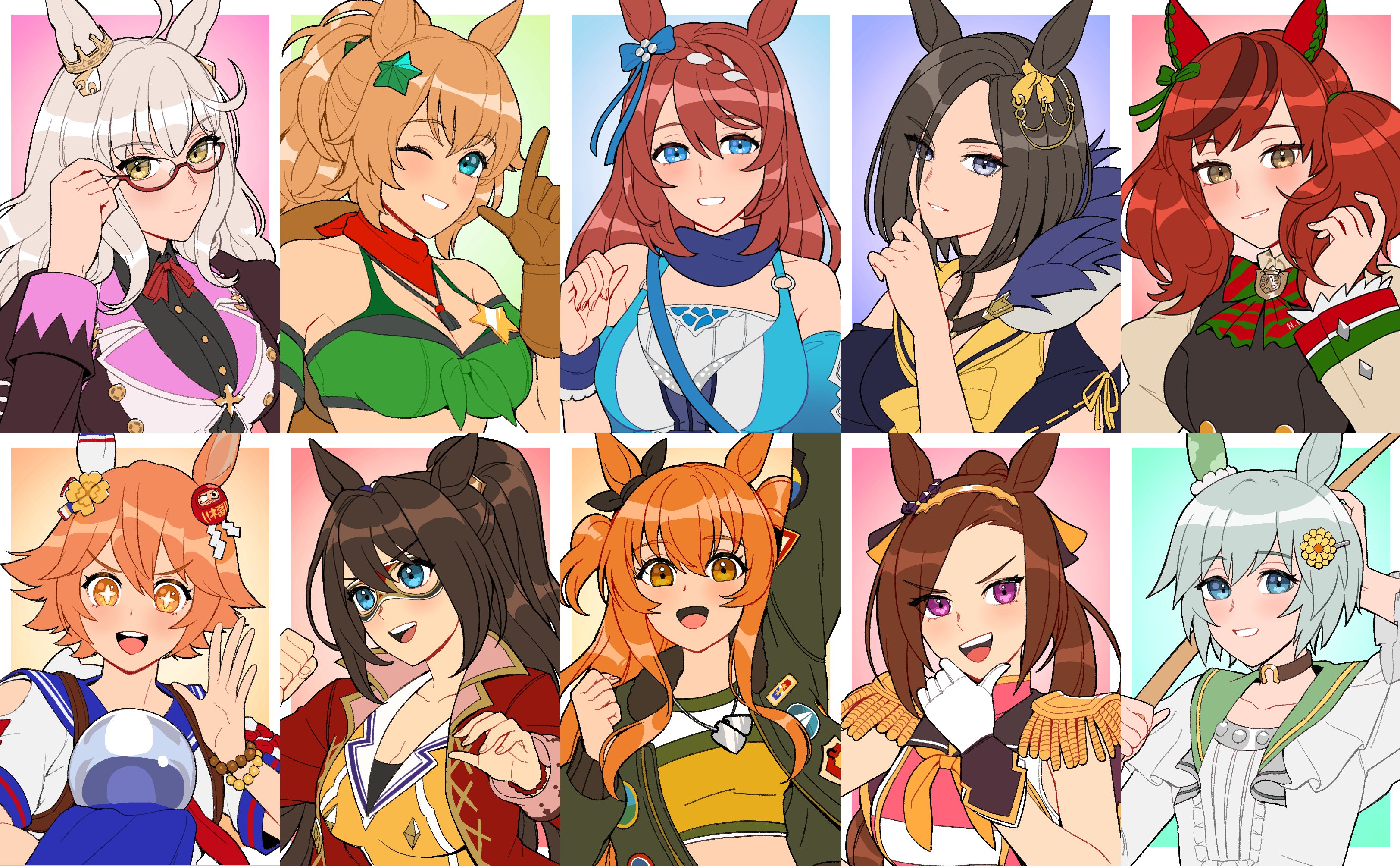 radiostarkiller, air groove (umamusume), biwa hayahide (umamusume), el condor pasa (umamusume), matikanefukukitaru (umamusume), mayano top gun (umamusume), nice nature (umamusume), sakura bakushin o (umamusume), seiun sky (umamusume), super creek (umamusume), taiki shuttle (umamusume), umamusume, absurdres, highres, 6+girls, animal ears, arm up, bandeau, bare shoulders, black hair, blonde hair, blue eyes, bow, bowtie, breasts, brown hair, choker, cleavage, cowgirl (western), crystal ball, dog tags, ear covers, fishing rod, glasses, gloves, grey hair, hair bow, high ponytail, holding, holding fishing rod, horse ears, horse girl, jacket, large breasts, long hair, medium breasts, multiple girls, open clothes, open jacket, orange hair, ponytail, purple eyes, sailor collar, short hair, single ear cover, star (symbol), twintails, v-shaped eyebrows, white hair, yellow eyes