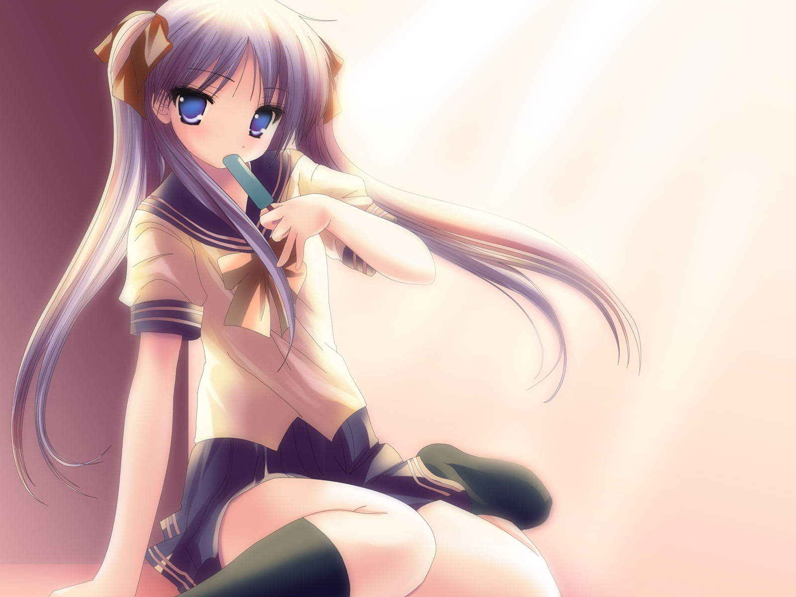 namamo nanase, hiiragi kagami, lucky star, highres, 00s, blue eyes, food, long hair, popsicle, purple hair, school uniform, serafuku, solo, thighhighs, tsurime, twintails, zettai ryouiki