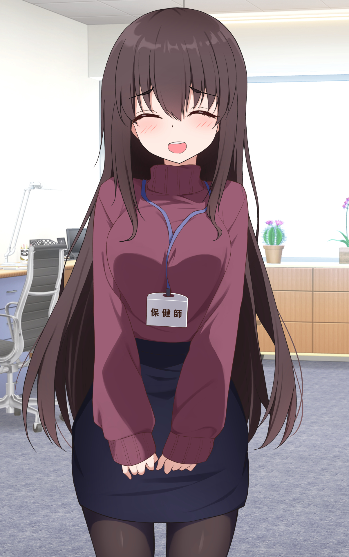 eniraka, original, commentary request, highres, 1girl, :d, black pantyhose, black skirt, blush, breasts, brown hair, cactus, carpet, ceiling, closed eyes, desk, desk lamp, hair between eyes, indoors, lamp, lanyard, large breasts, long hair, open mouth, pantyhose, plant, potted plant, purple sweater, sidelocks, skirt, smile, standing, sweater, swivel chair, teeth, turtleneck, turtleneck sweater, upper teeth only