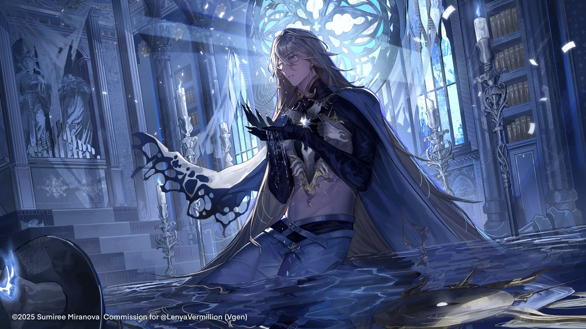 original, commission, highres, vgen commission, 1boy, black shrug, black sleeves, blonde hair, blue cloak, blue pants, candle, candlestand, cloak, crying, crying with eyes open, hands up, indoors, light rays, long hair, pants, partially submerged, shrug (clothing), solo, stained glass, streaming tears, sumireemiranova, tears, torn cloak, torn clothes, water