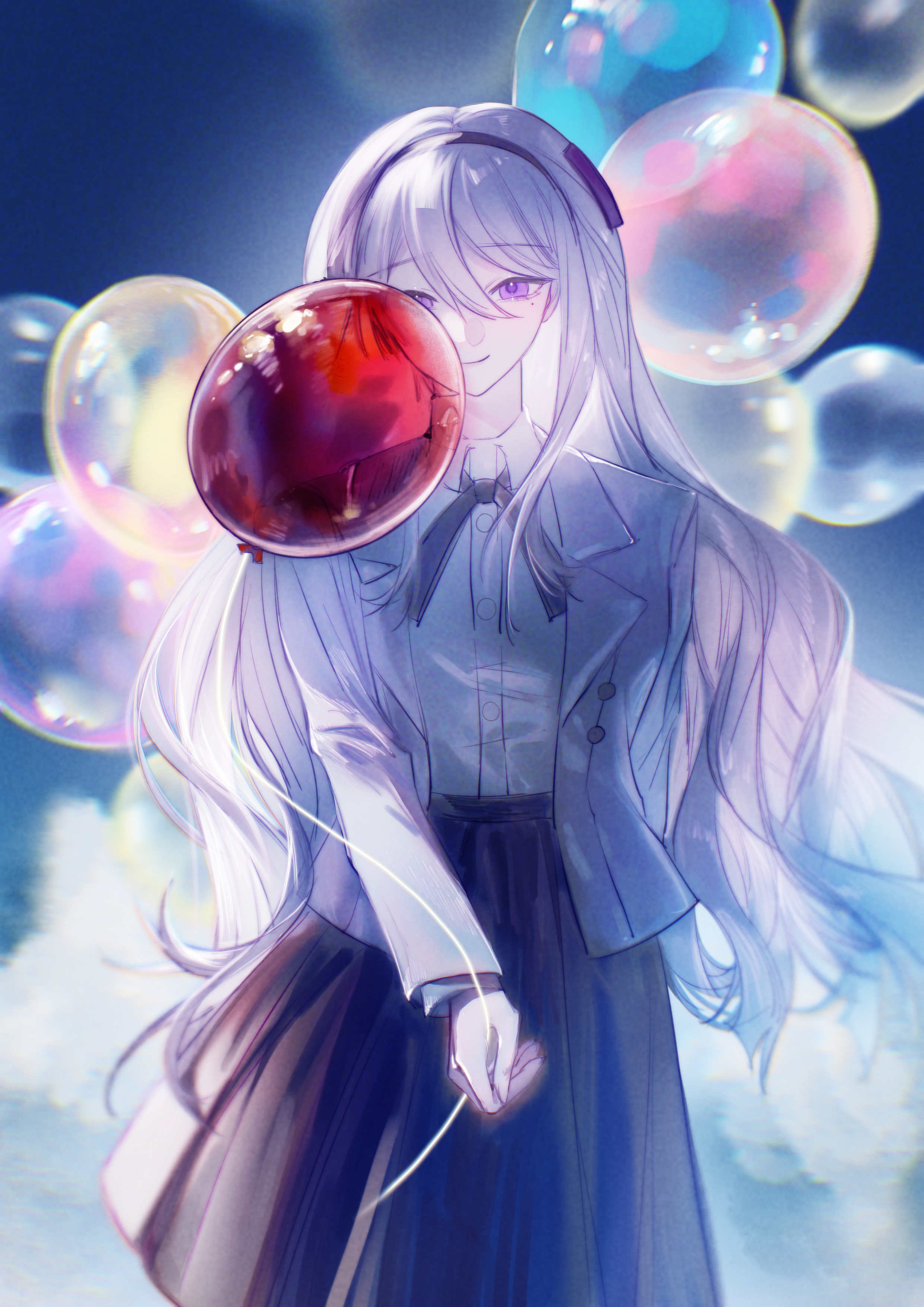 kashimiya karua, the hundred line -last defense academy-, absurdres, chinese commentary, highres, 1girl, balloon, black hairband, black ribbon, black skirt, collared shirt, cowboy shot, daydream1227, grey shirt, hairband, holding, holding balloon, jacket, long hair, neck ribbon, open clothes, open jacket, purple eyes, ribbon, shirt, shirt tucked in, skirt, smile, white shirt