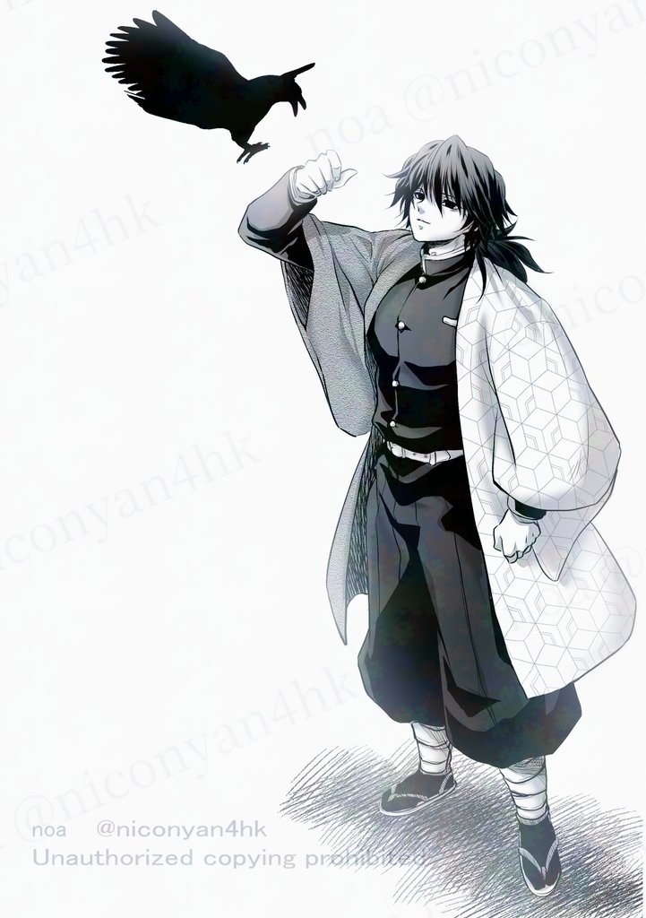 kanzaburou (kimetsu no yaiba), tomioka giyuu, kimetsu no yaiba, 1boy, arm up, bird, black hair, black jacket, black pants, buttons, crow, demon slayer uniform, empty eyes, english text, full body, haori, jacket, japanese clothes, light smile, low ponytail, male focus, niconyan4hk, pants, ponytail, print haori, puffy pants, shadow, solo, spiked hair, standing, twitter username, white background