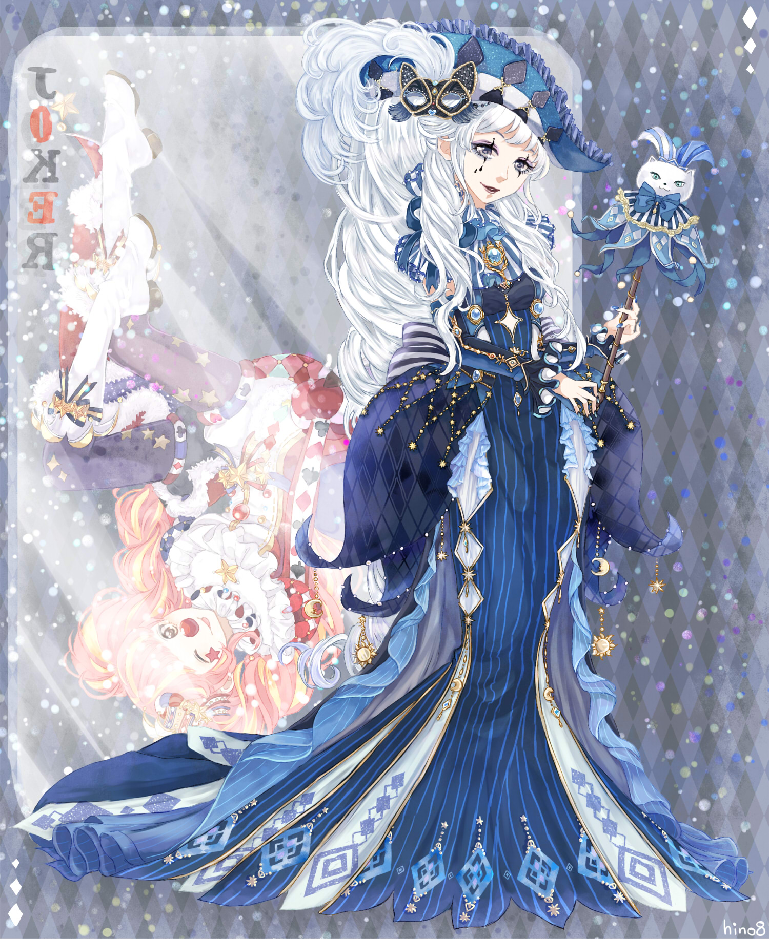 hino (8), miracle nikki, nikki (series), commentary request, highres, 2girls, argyle background, argyle clothes, argyle dress, aria of night (miracle nikki), back bow, black background, black lips, blue bow, blue bowtie, blue brooch, blue collar, blue dress, blue hat, blue mask, bow, bowtie, brooch, card, cat mask, closed mouth, collar, diamond cutout, diamond print, dress, facepaint, facial tattoo, frilled collar, frilled headwear, frilled sleeves, frills, full body, grey eyes, happy, hat, holding, holding wand, jewelry, joker (playing card), joker and magic card (miracle nikki), light particles, lipstick, long dress, long hair, long sidelocks, long sleeves, looking at viewer, makeup, mask, mask on head, multiple girls, one side up, playing card, sidelocks, smile, solo focus, standing, striped bow, striped clothes, striped dress, tattoo, teardrop tattoo, two-tone bow, two-tone collar, upside-down, vertical-striped clothes, vertical-striped collar, vertical-striped dress, very long hair, wand, wavy hair, white bow, white collar, white hair