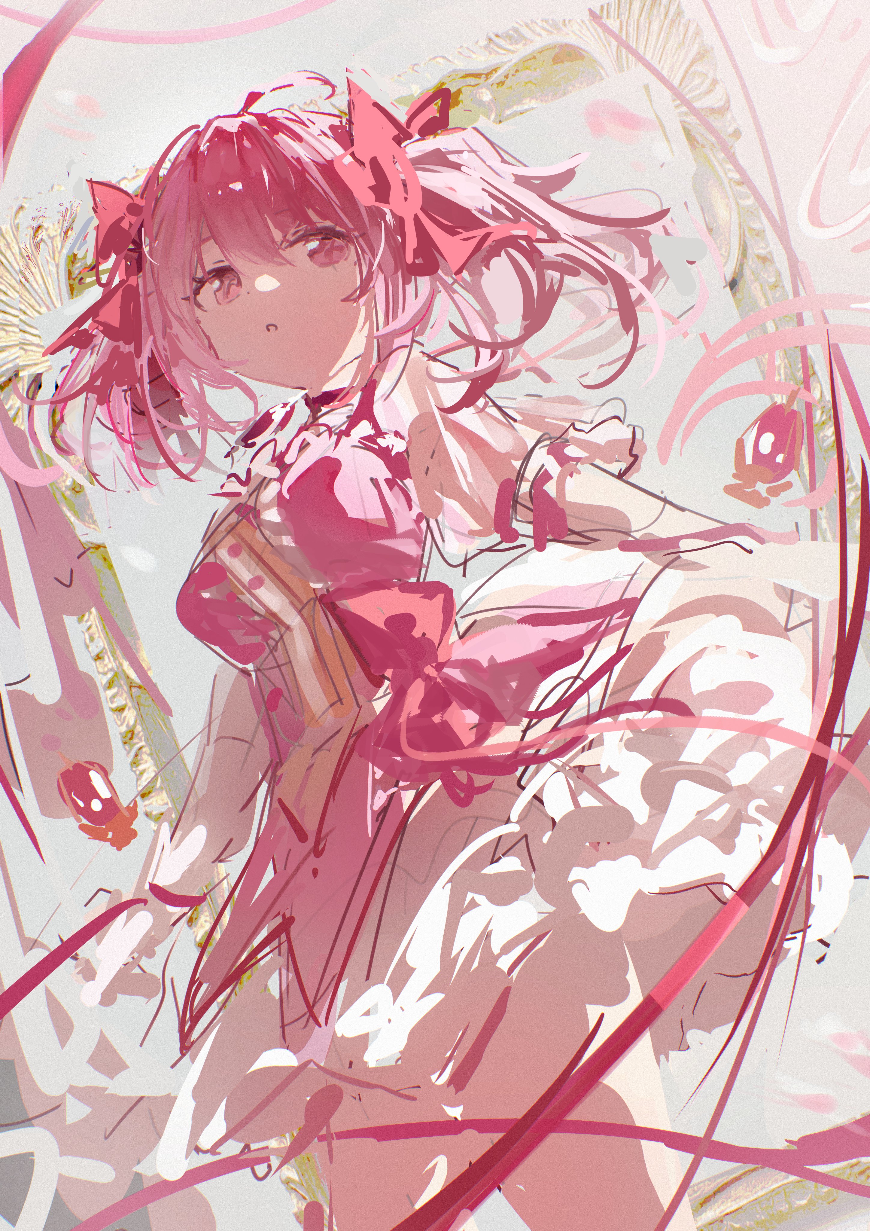 laoshi wo hao e, kaname madoka, kaname madoka (magical girl), mahou shoujo madoka magica, absurdres, highres, 1girl, breasts, cowboy shot, dress, frilled skirt, frills, hair between eyes, hair ribbon, medium breasts, parted lips, pink dress, pink eyes, pink hair, pink ribbon, ribbon, sketch, skirt, solo, standing, twintails