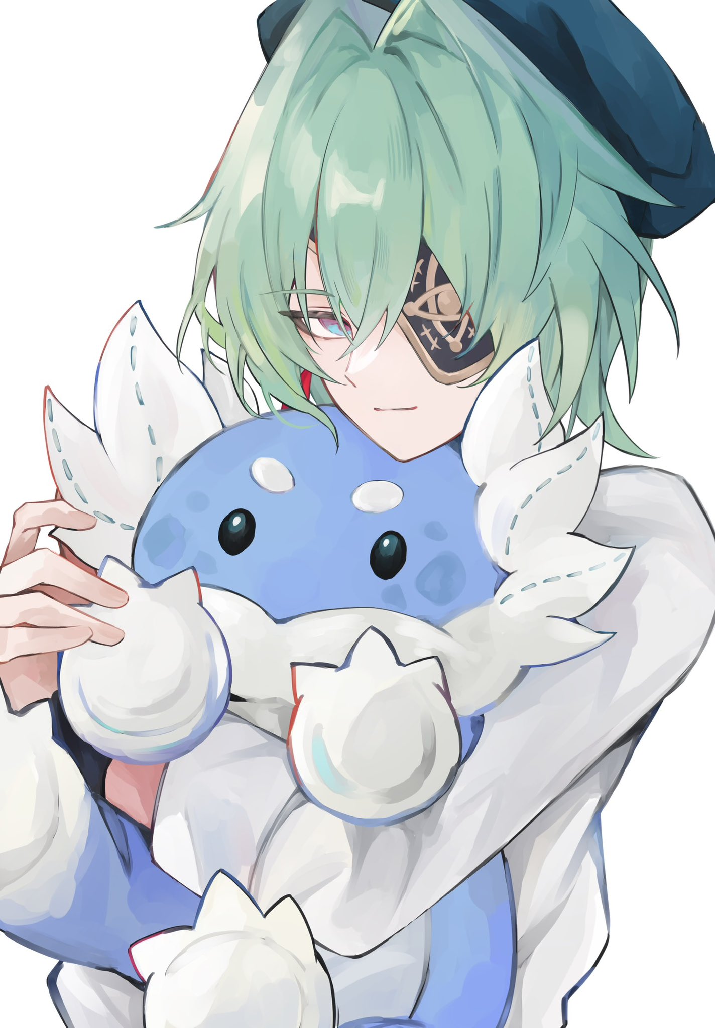 iota 1600, anaxa (honkai: star rail), anaxa (ingenuity) (honkai: star rail), honkai: star rail, honkai (series), highres, 1boy, blue eyes, blue hat, closed mouth, eyepatch, hat, holding, holding stuffed toy, long sleeves, looking at viewer, male focus, official alternate costume, one eye covered, shirt, simple background, smile, solo, stuffed toy, upper body, white background, white shirt
