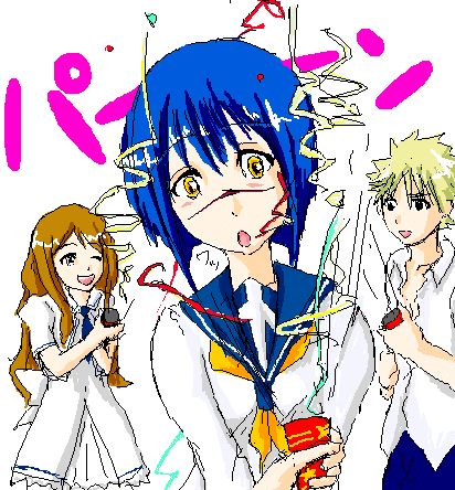 mutou mahiro, nakamura gouta, tsumura tokiko, busou renkin, lowres, 00s, blonde hair, blue hair, brown hair, scar, school uniform, serafuku, yellow eyes