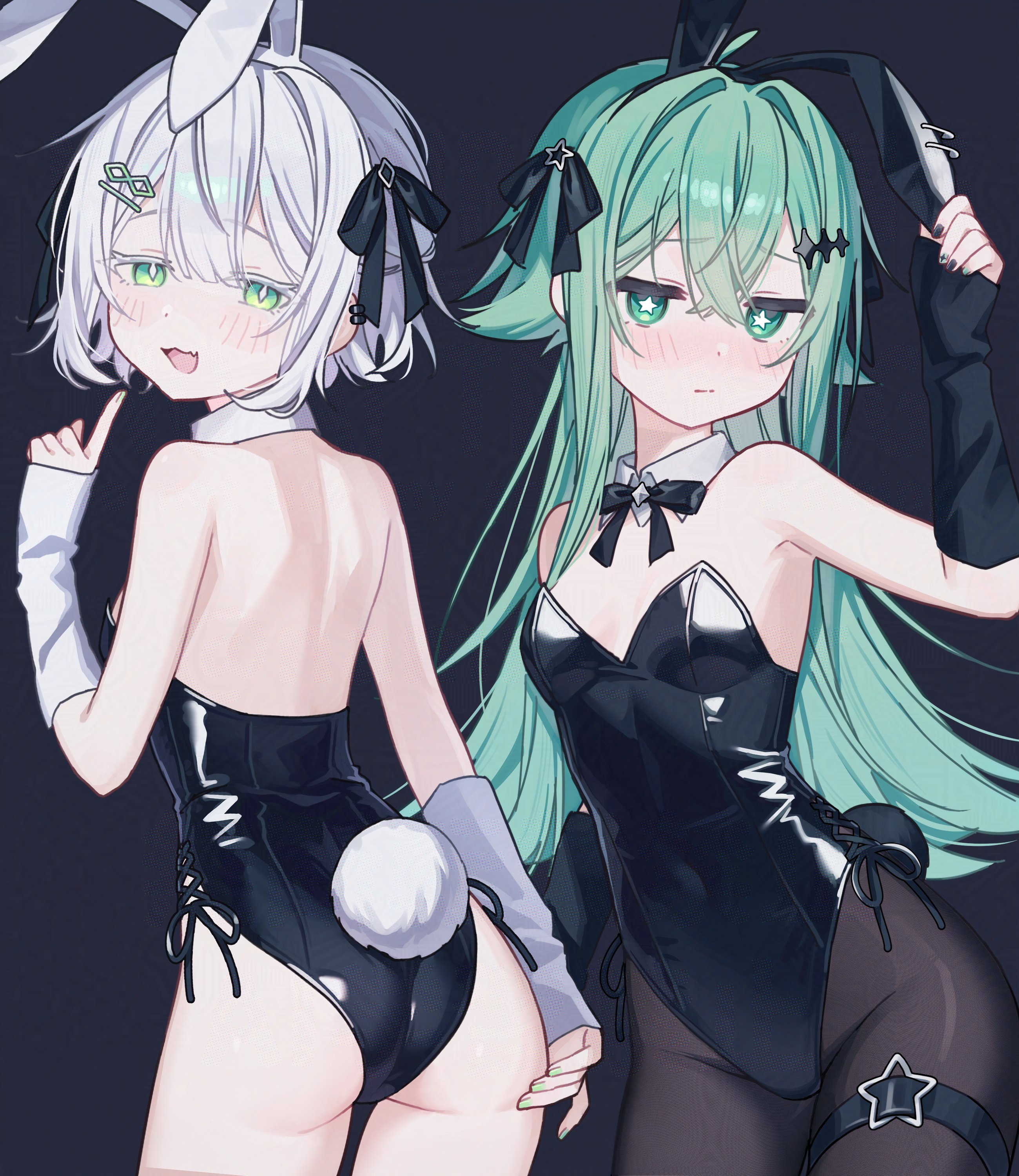 namin (anjpzaobmhbppxs), original, absurdres, highres, 2girls, arm warmers, blush, bow, colored eyelashes, diamond-shaped pupils, diamond (shape), embarrassed, garter belt, green eyes, hair bow, hair ornament, leotard, long hair, looking at viewer, multiple girls, nail polish, nanase (namin), pantyhose, playboy bunny, short hair, star-shaped pupils, star (symbol), symbol-shaped pupils, thigh strap, white eyelashes, white hair
