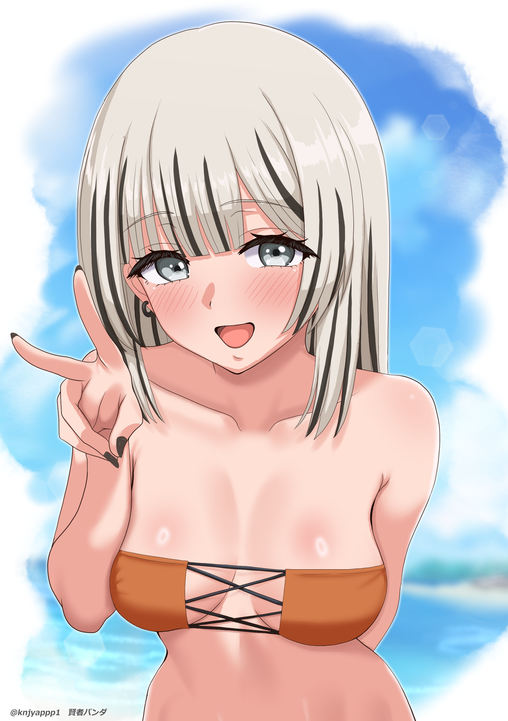 kenja panda, kasai seira, sono bisque doll wa koi wo suru, absurdres, commentary request, highres, variant set, 1girl, :d, bikini, black nails, blue sky, blush, day, grey eyes, grey hair, hand up, looking at viewer, open mouth, orange bikini, sky, smile, solo, stomach, strapless, strapless bikini, swimsuit, tongue, upper body, v