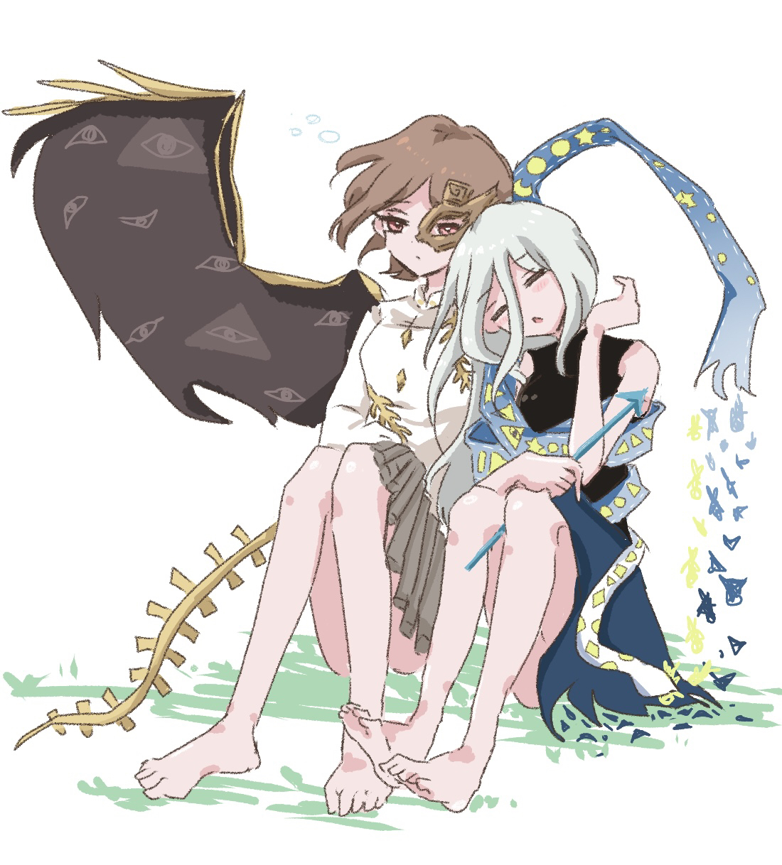 ououno, iwanaga ariya, yuiman asama, fossilized wonders, touhou, highres, 2girls, = =, arrow (projectile), asymmetrical wings, barefoot, bone, brown hair, brown mask, circle, closed eyes, dinosaur skeleton, dress, eye print, facial mark, fiery wings, gold headdress, gold headwear, gradient sash, half mask, head tilt, holding, holding arrow, holding weapon, long hair, mask, mask over one eye, moon, multiple girls, on ground, open mouth, ribbon around body, short hair, sitting, skeletal clothes, skeletal tail, skeletal wings, sleepy, snake, snake wrapped around body, squeans, sun, triangle, triangle facial mark, turtleneck, turtleneck dress, weapon, white hair, wings, yuri
