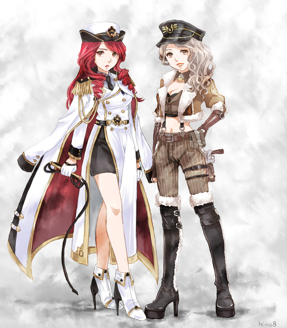hino (8), miracle nikki, nikki (series), commentary request, highres, 2girls, arm belt, army major (miracle nikki), bare legs, belt, belt bag, belt buckle, black belt, black boots, black hat, black necktie, black shirt, black skirt, black sleeve cuffs, boots, breasts, brooch, brown bag, brown belt, brown collar, brown gloves, brown hair, brown jacket, brown pants, brown vest, buckle, buttons, cleavage, coat, coat on shoulders, collar, collared shirt, crop top, cropped jacket, detached collar, double-breasted, dress, drill hair, epaulettes, expressionless, fingerless gloves, full body, fur-trimmed boots, fur-trimmed jacket, fur-trimmed sleeves, fur trim, gloves, gold buckle, grey background, grey shirt, gun, hair over one eye, half gloves, hand on own hip, handgun, happy, hat, high heel boots, high heels, holster, holstered, jacket, jewelry, lapels, lipstick, long hair, long sleeves, makeup, medium breasts, midriff, military hat, military uniform, miniskirt, multiple belts, multiple girls, navel, necktie, notched lapels, open clothes, open jacket, pants, parted lips, peaked cap, pencil skirt, pink lips, pinstripe pants, pinstripe pattern, puffy short sleeves, puffy sleeves, red coat, red hair, ribbed pants, shadow, shirt, shirt under dress, shoe belt, short sleeves, signature, skirt, skirt under dress, sleeve cuffs, song of blaze (miracle nikki), standing, star brooch, stiletto heels, thigh belt, thigh boots, thigh holster, thigh strap, twin drills, two-sided coat, two-sided fabric, two-tone background, vest, wavy hair, weapon, white background, white boots, white coat, white dress, white gloves, white hat