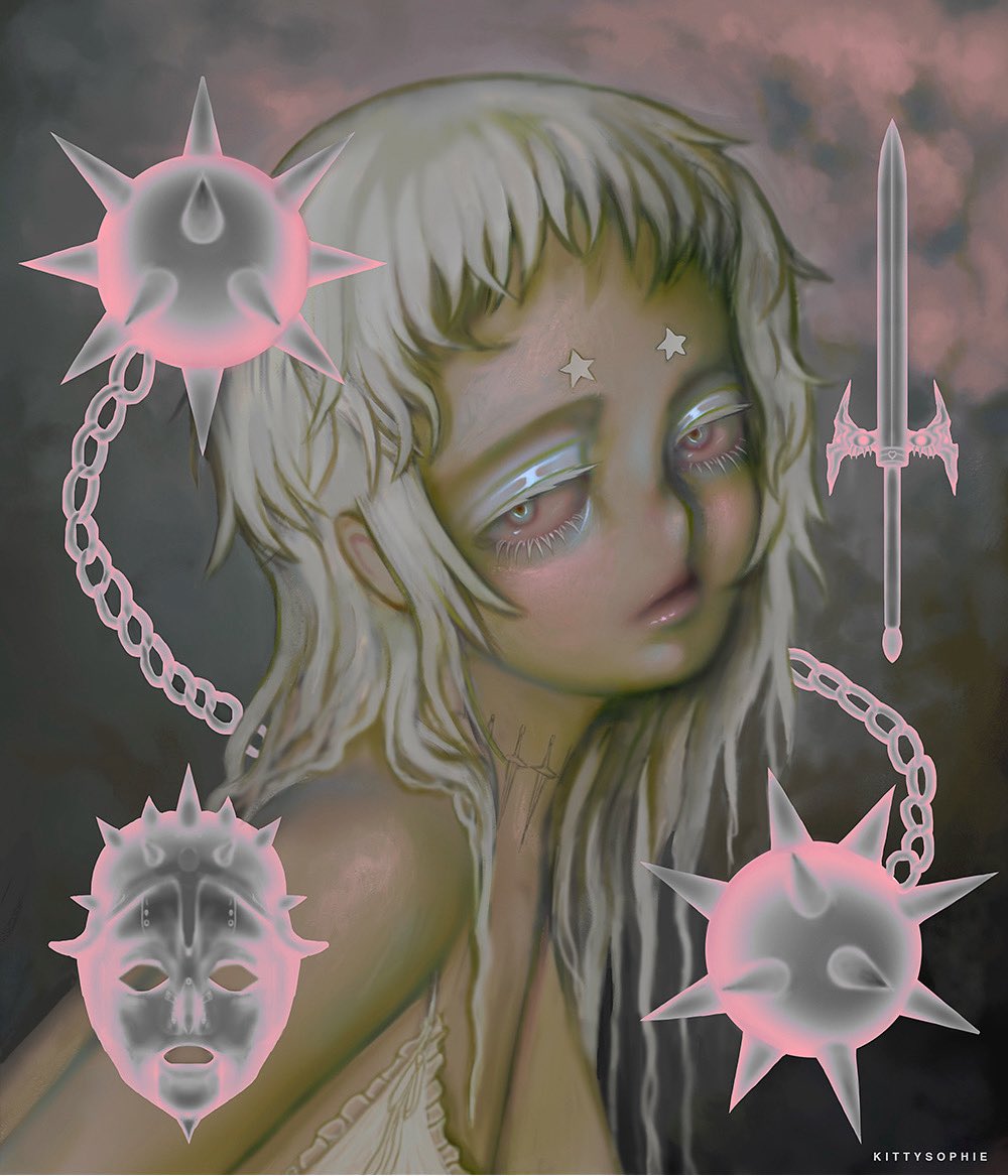 original, bloodshot eyes, chain, colored eyelashes, long hair, mask, nekosophie, shirt, short bangs, solo, spikes, star-shaped eyebrows, sword, unworn mask, weapon, white eyelashes, white hair, white shirt