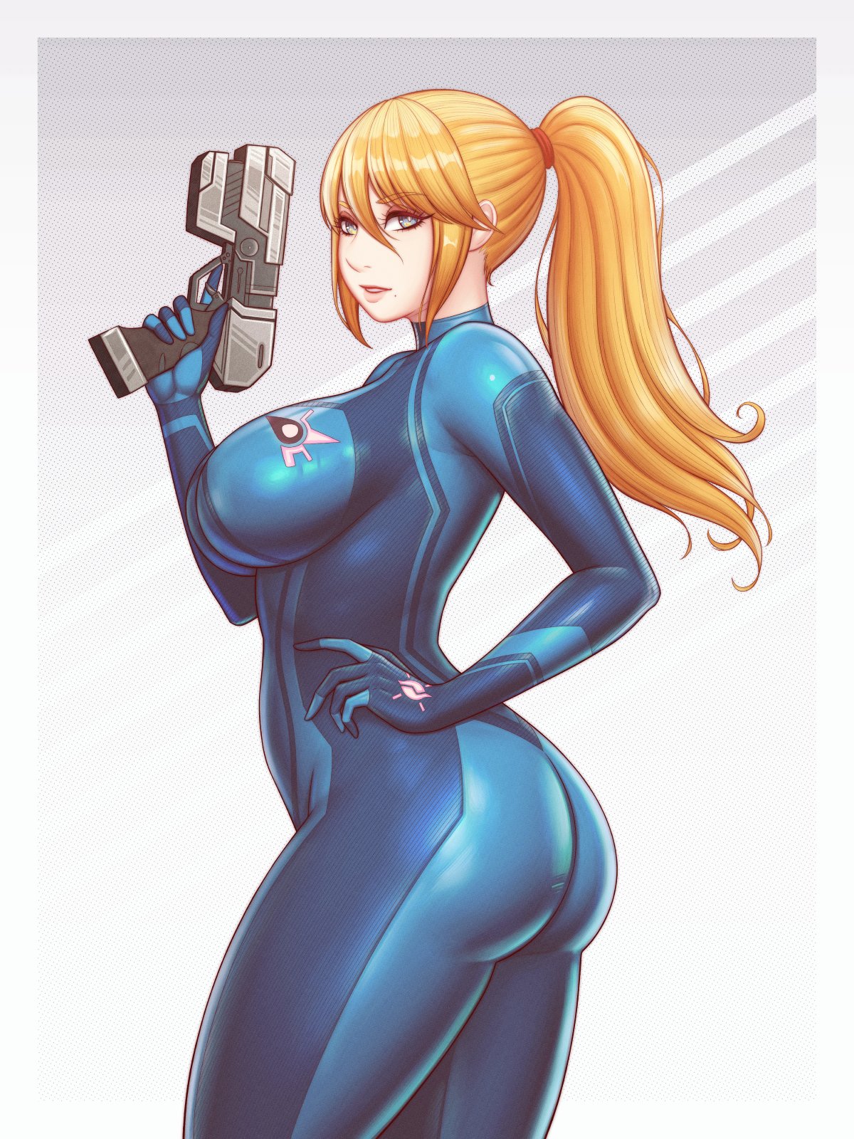 carrion art, samus aran, metroid, nintendo, highres, 1girl, ass, blonde hair, blue bodysuit, blue eyes, bodysuit, breasts, gun, holding, impossible bodysuit, impossible clothes, large breasts, long hair, looking at viewer, mole, mole under mouth, open mouth, parted lips, ponytail, skin tight, smile, solo, teeth, weapon, zero suit