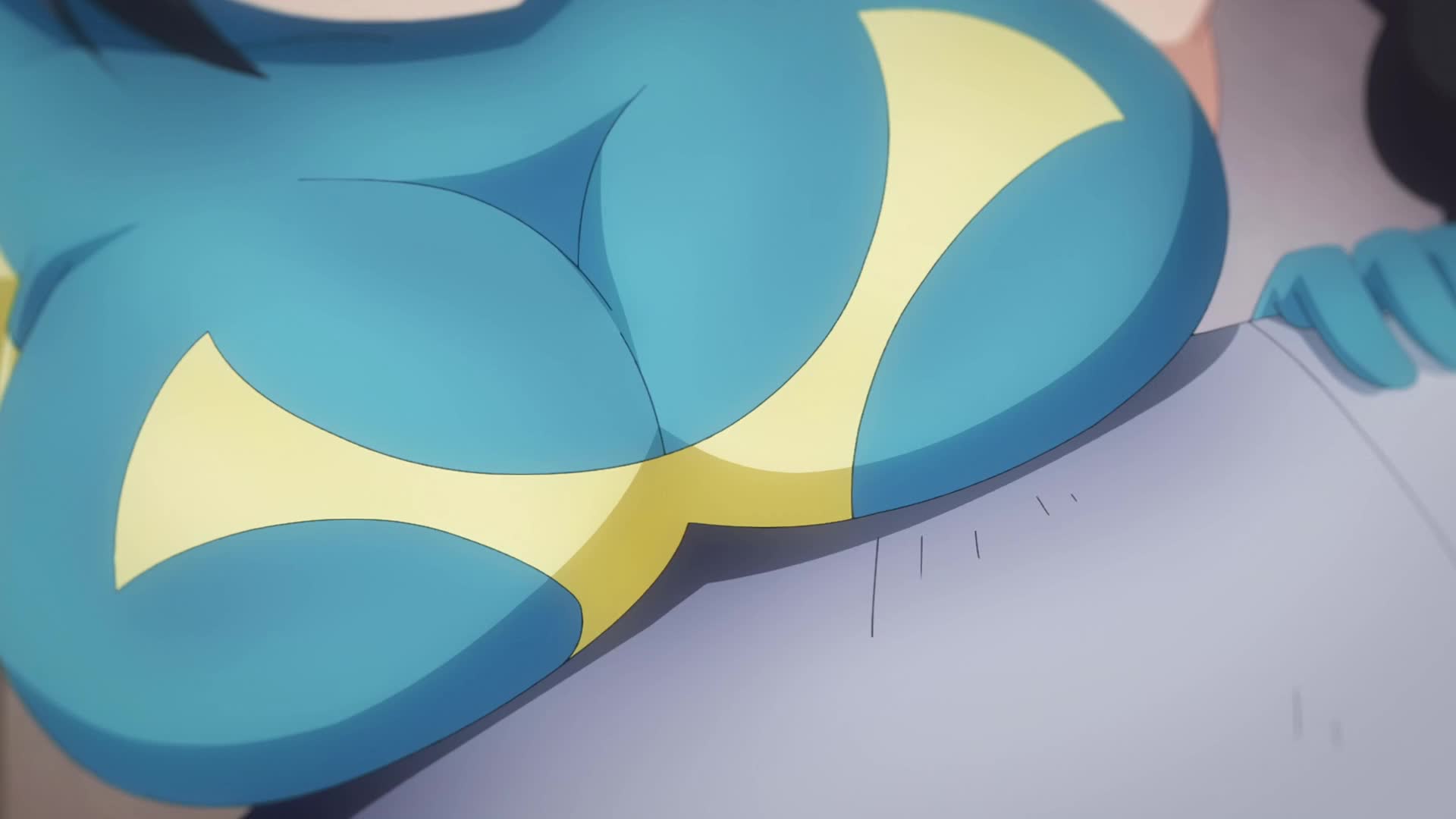 anemone (kizetsu yuusha), toto (kizetsu yuusha), kizetsu yuusha to ansatsu hime, animated, anime screenshot, highres, sound, tagme, video, 1boy, 1girl, black hair, blue dress, blue gloves, breast focus, breast press, breasts, dress, gloves, large breasts
