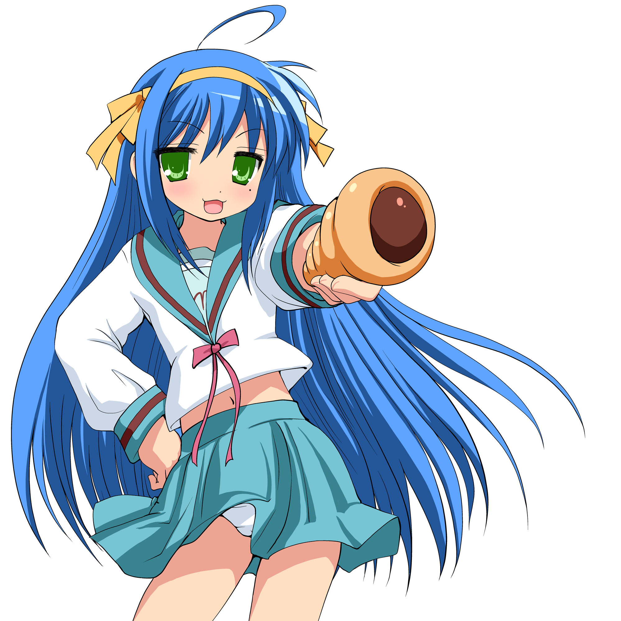 namamo nanase, hirano aya, izumi konata, suzumiya haruhi, lucky star, suzumiya haruhi no yuuutsu, highres, 1girl, chocolate cornet, cosplay, female focus, food, mole, mole under eye, panties, school uniform, serafuku, skirt, solo, suzumiya haruhi (cosplay), underwear, voice actor connection