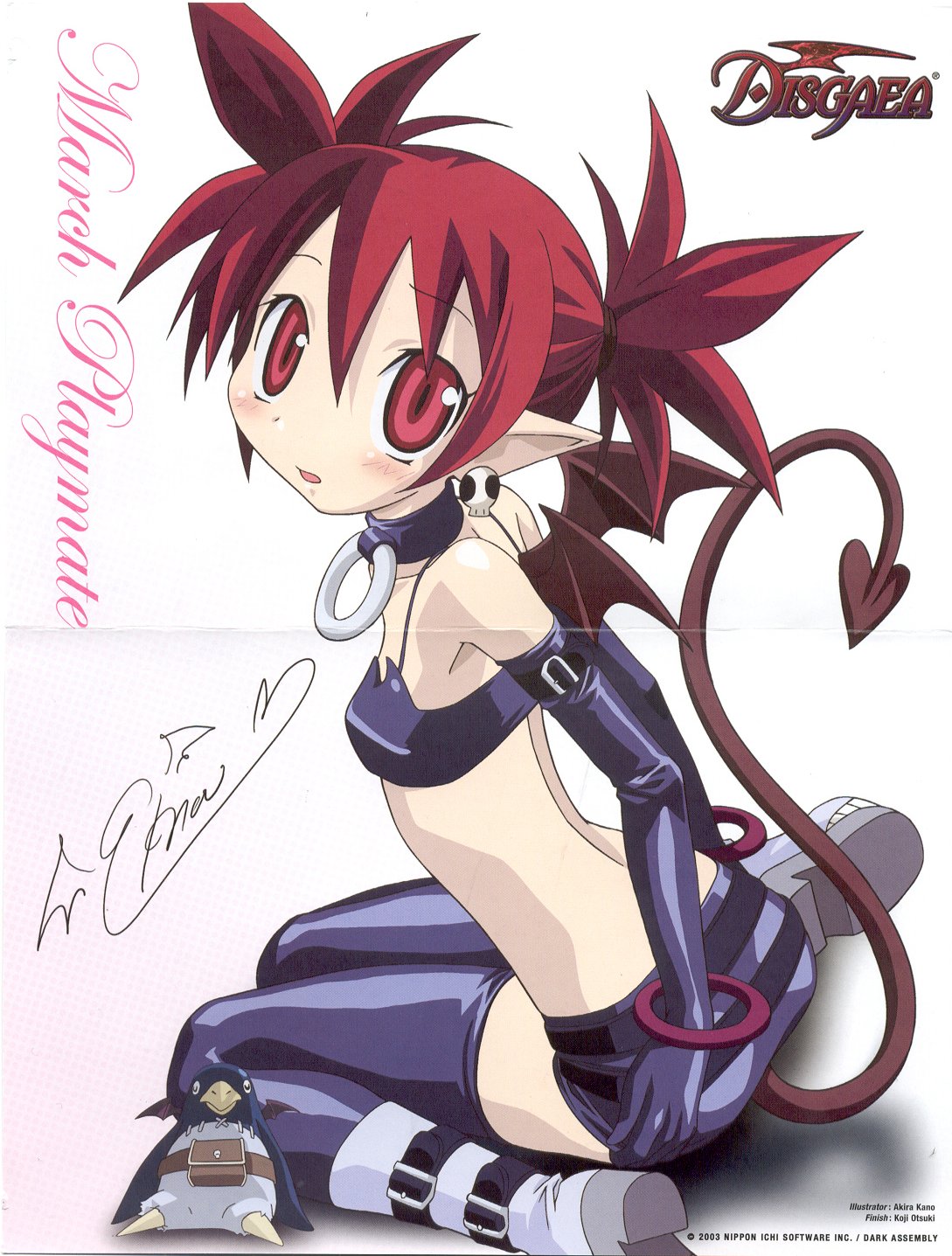 etna (disgaea), prinny, disgaea, makai senki disgaea, platform footwear, highres, non-web source, 00s, 1girl, armpits, back, bikini, bikini top only, black bikini, black thighhighs, boots, bracelet, character name, collar, copyright name, dated, demon girl, earrings, elbow gloves, embarrassed, english text, female focus, flat chest, from side, full body, gloves, gradient background, hair between eyes, high heel boots, high heels, jewelry, mini wings, miniskirt, parted bangs, pencil skirt, pink background, platform boots, pointy ears, sitting, skirt, skirt tug, solo, spiked hair, surprised, swimsuit, thighhighs, twintails, white background, white boots, wings