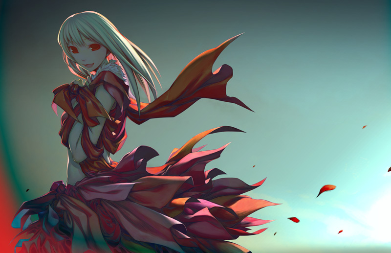 kimura daisuke, original, bad id, bad pixiv id, 1girl, blonde hair, cowboy shot, dress, expressionless, female focus, gradient background, long hair, looking at viewer, red dress, red eyes, simple background, solo, standing