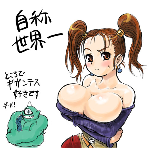 rebis, jessica albert, dragon quest, dragon quest viii, square enix, breast hold, lowres, translation request, 1girl, bare shoulders, blush, breasts, bursting breasts, cleavage, crossed arms, dress, huge breasts, looking at viewer, red hair, strapless, strapless dress, twintails