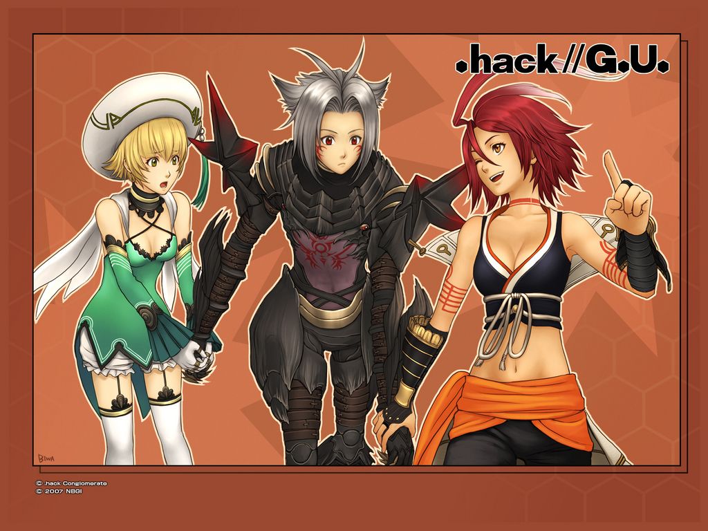 biwa, biwa (illustrator), alkaid (.hack//), atoli, atoli (.hack//), haseo, haseo (.hack//), .hack//, .hack//g.u., bandai, cyber connect 2, 00s, 1boy, 2girls, antenna hair, armor, bare shoulders, blonde hair, bloomers, breasts, choker, cleavage, detached sleeves, garter straps, gloves, grey hair, hat, honeycomb (pattern), honeycomb background, honeycomb pattern, medium breasts, multiple girls, one eye closed, orange background, orange eyes, red eyes, red hair, short hair, tattoo, thighhighs, underwear, white bloomers, wink, yellow eyes, zettai ryouiki