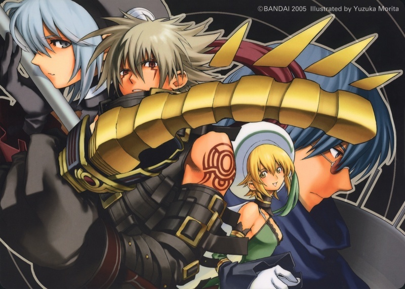 morita yuzuka, atoli, atoli (.hack//), haseo, haseo (.hack//), ovan, ovan (.hack//), shino (.hack//), .hack//, .hack//g.u., bandai, cyber connect 2, official art, 00s, 2005, 2boys, 2girls, blonde hair, blue eyes, blue hair, detached sleeves, elbow gloves, gloves, grey eyes, grey hair, hat, multiple boys, multiple girls, red eyes, short hair, spiked hair, staff, strap, sunglasses, sword, tattoo, weapon, yellow eyes
