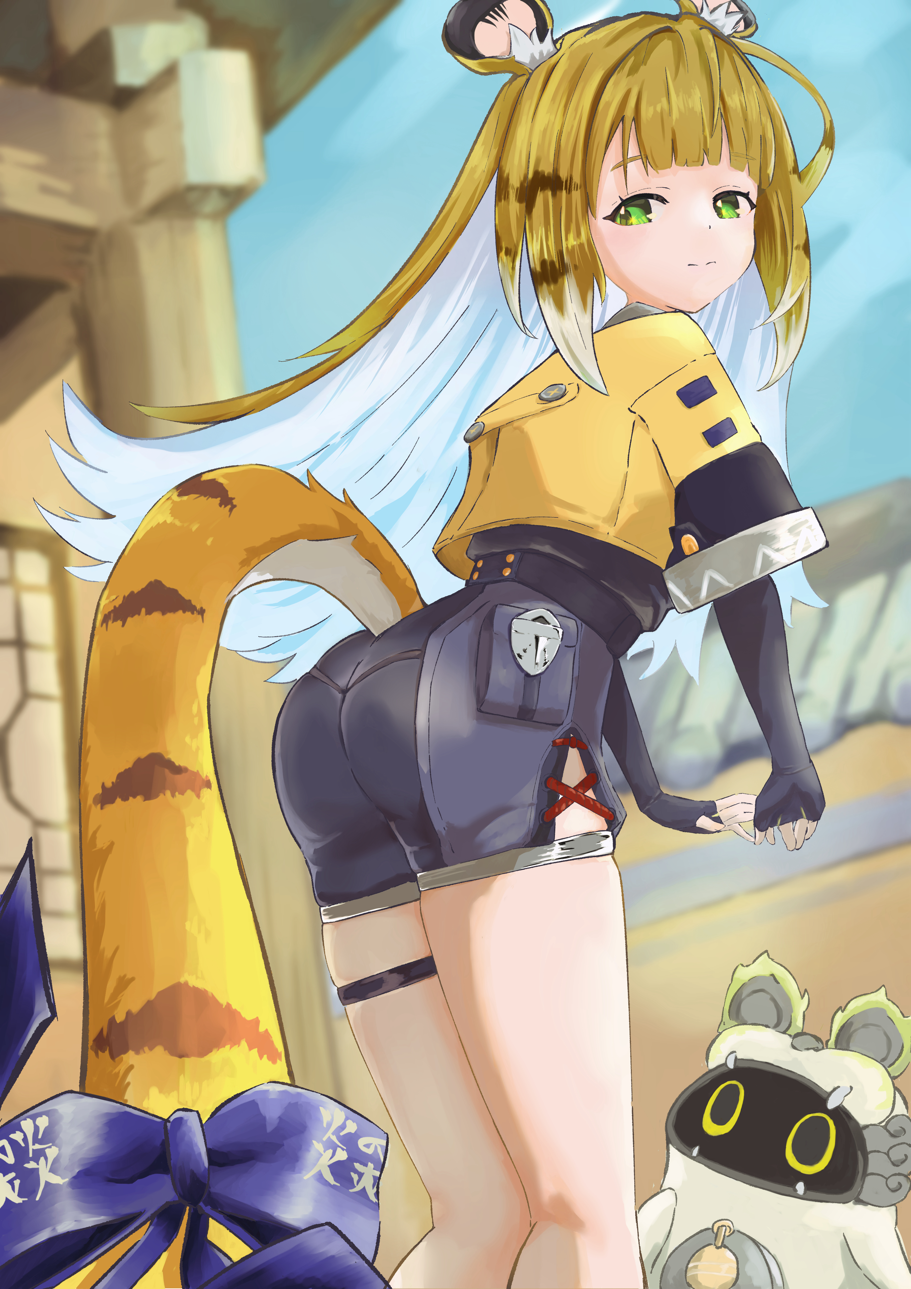 ju fufu, zenless zone zero, absurdres, commentary request, highres, 1girl, animal ears, architecture, ass, ass focus, blonde hair, blue sky, blurry, blurry background, closed mouth, clothing cutout, east asian architecture, elbow gloves, expressionless, facing viewer, feet out of frame, fingerless gloves, gloves, green eyes, jacket, kneepits, large tail, looking back, looking to the side, outdoors, ribbon, sakazukin, short sleeves, shorts, sky, solo, standing, tail, tail ornament, tail ribbon, tail through clothes, thigh strap, tiger ears, tiger girl, tiger stripes, tiger tail, turning head, yellow jacket