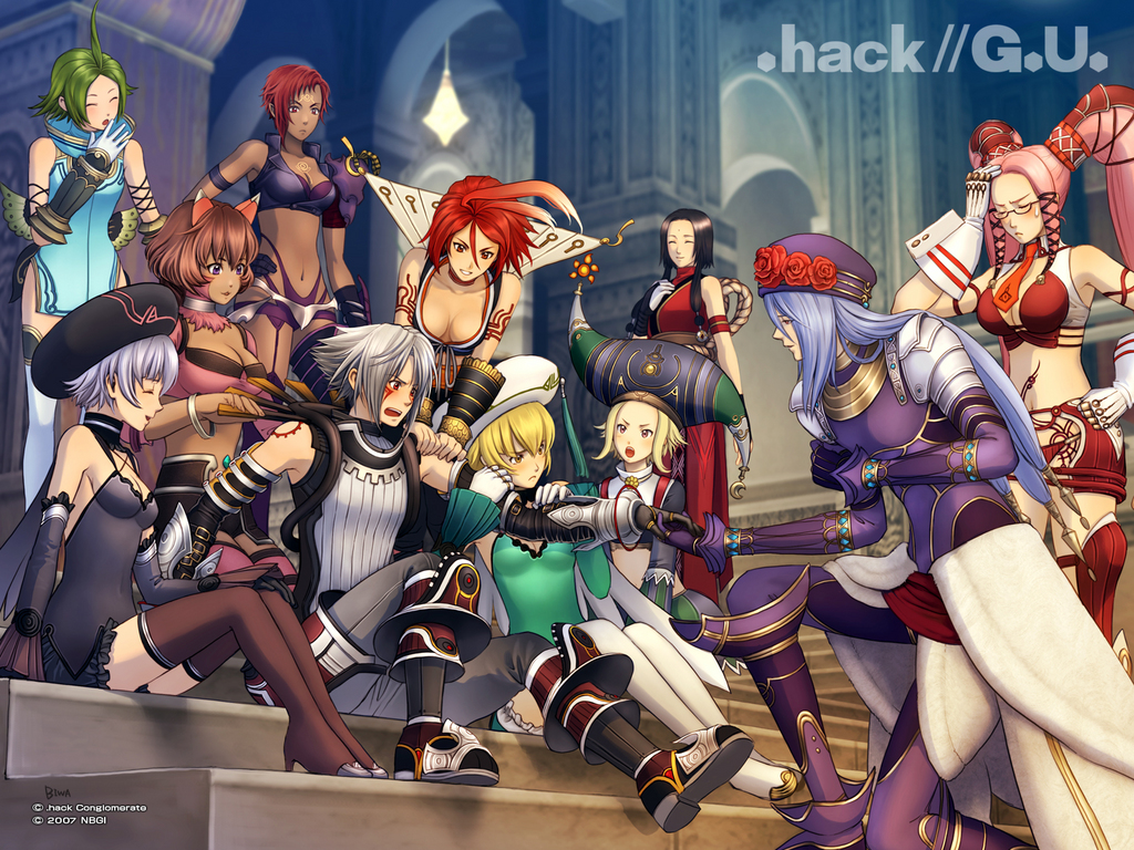 biwa, biwa (illustrator), pai, tabby, alkaid (.hack//), atoli, atoli (.hack//), bordeaux, bordeaux (.hack//), endrance, endrance (.hack//), haseo, haseo (.hack//), kaede (.hack//), kaede (.hack//g.u.), natsume (.hack//), pi (.hack//), sakubo, sakubo (.hack//), shino (.hack//), shino (.hack//g.u.), tabby (.hack//), .hack//, .hack//g.u., .hack//roots, bandai, cyber connect 2, official art, official wallpaper, 00s, 2boys, 6+girls, ^ ^, ahoge, animal ears, antenna hair, bare shoulders, bisexual male, blonde hair, blue hair, blush, breasts, brown hair, cat ears, cleavage, closed eyes, detached sleeves, dress, flower, gloves, green hair, harem, hat, high heels, large breasts, long hair, medium breasts, midriff, miniskirt, multiple boys, multiple girls, navel, necktie, pink hair, red hair, rose, shoes, short hair, skirt, smile, tan, tattoo, thighhighs, white hair